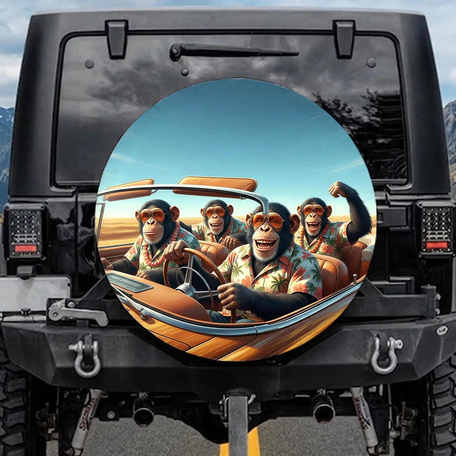 Chimpanzees Orange Sunglasses Tropical Shirts Vintage Convertible Road Trip Travel Gift Spare Tire Cover - 1