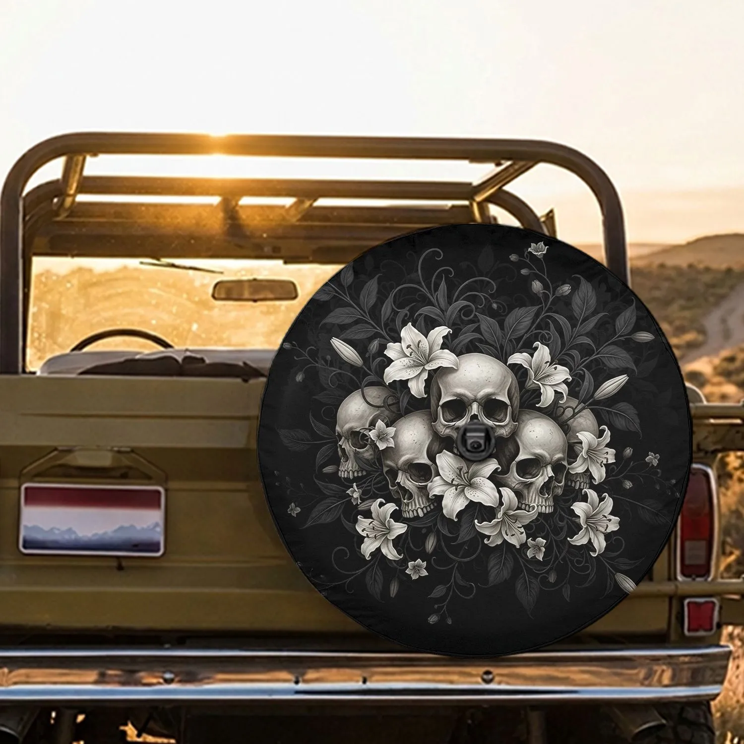 High Contrast Realistic Human Skulls White Flowers Dark Botanical Foliage - Unique Vehicle Accessory Spare Tire Cover - 1