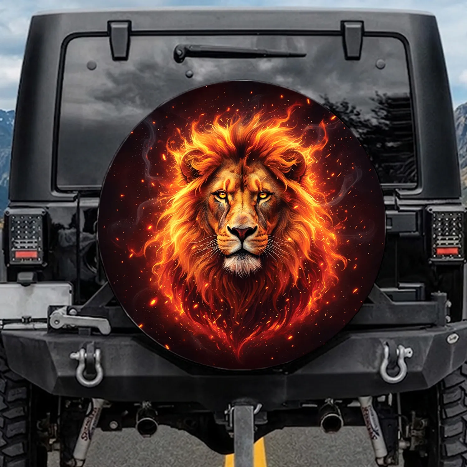 Golden-Eyed Lion Fire Mane Glowing Embers Cosmic Expanse - Road Trip Gift Spare Tire Cover - 1