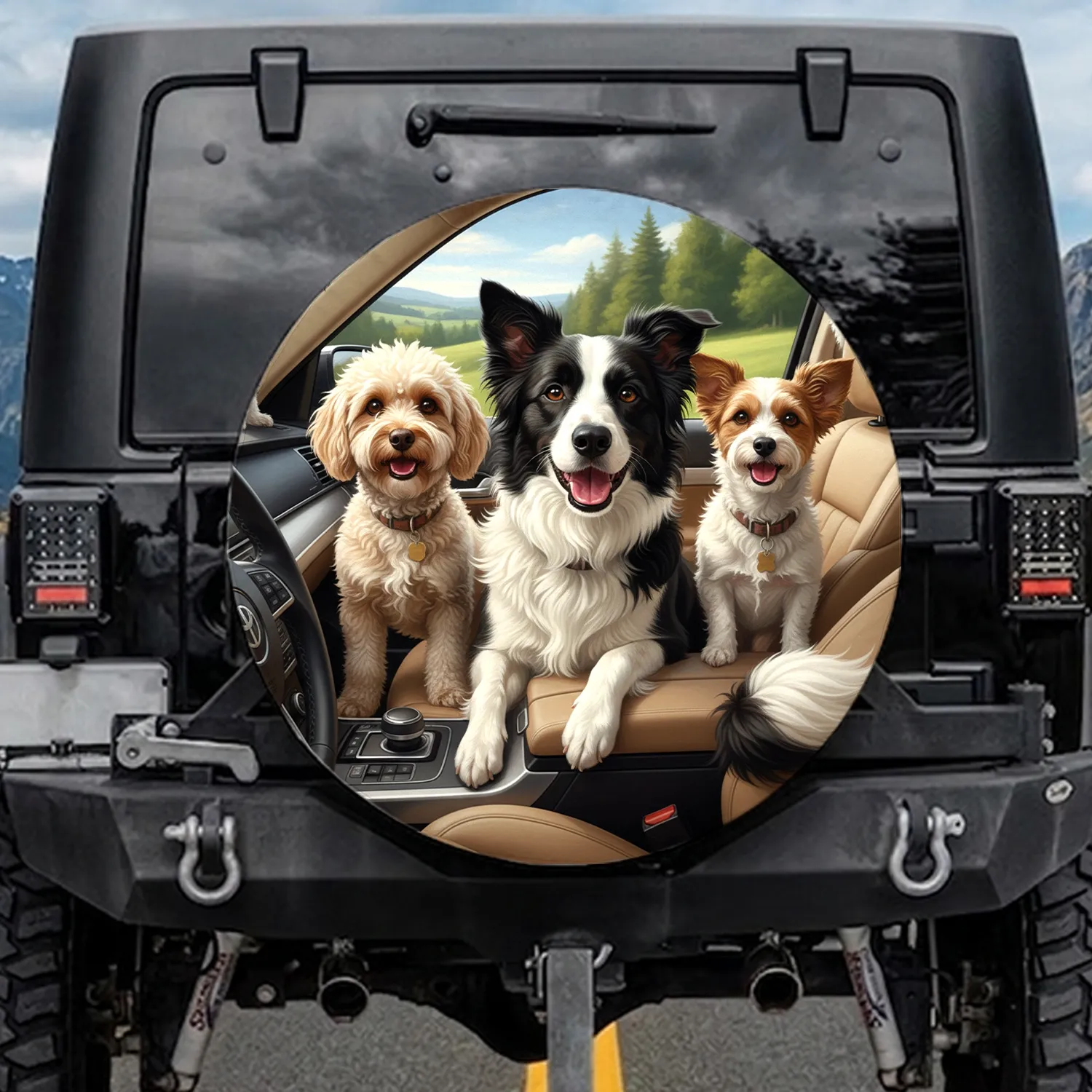Five Happy Diverse Dogs Modern Vehicle Road Trip - Dog Lover Gift Spare Tire Cover - 1