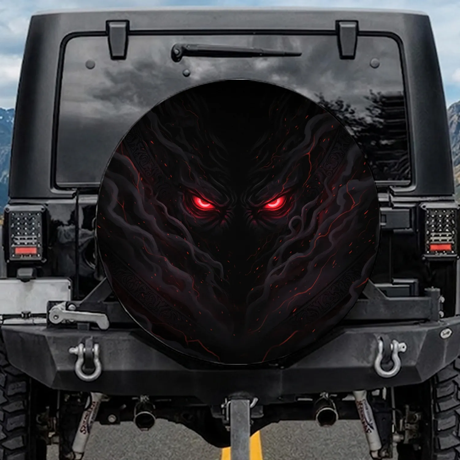 Glowing Crimson Eyes Dark Smoke Void - Dark Fantasy Car Decor Gift Spare Tire Cover - 1