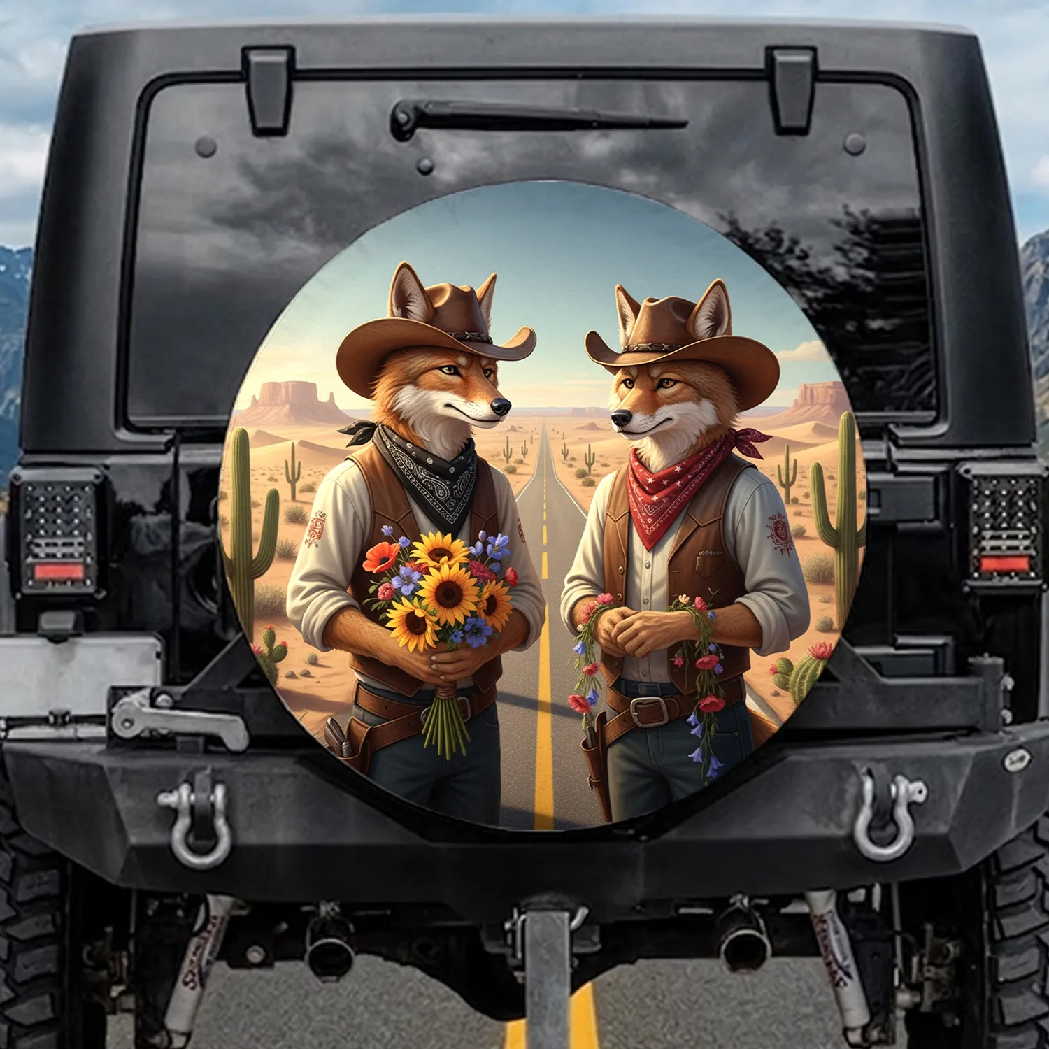 Cowboy Coyotes Wildflowers Desert Highway Adventure Lover Wildlife Gift Spare Tire Cover - 1