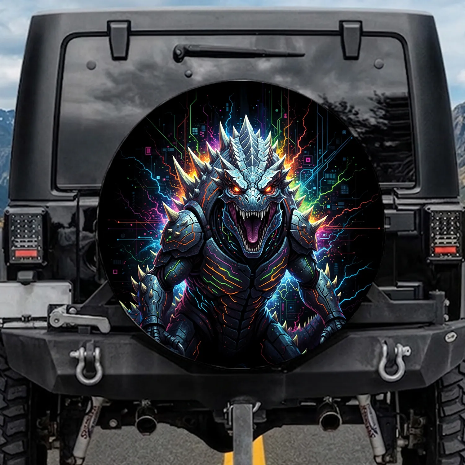 Cybernetic Reptilian Monster Neon Glow - Sci-Fi Gaming Room Decor Gift for Enthusiasts Spare Tire Cover - 1