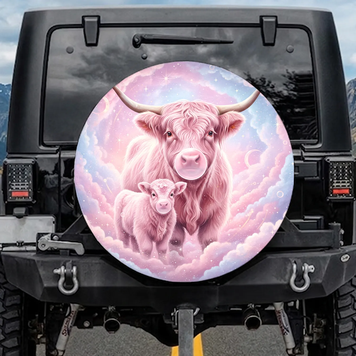 Fluffy Pink Highland Cow Calf Blowing Bubbles Celestial - Home Decor Gift for Cow Lover Spare Tire Cover - 1
