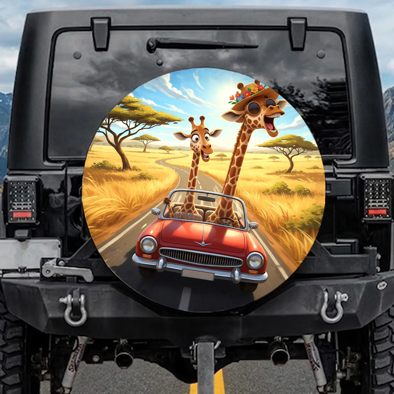 Cartoon Giraffes Red Convertible Savanna - Adventure Lover Gift for Giraffe Lover Spare Tire Cover - 1