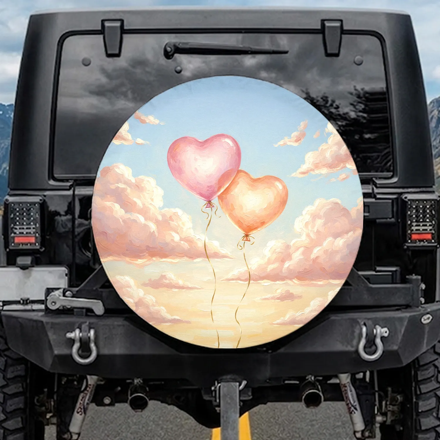 Two Heart Balloons Cumulus Clouds Sky - Love Celebration Gift Spare Tire Cover - 1