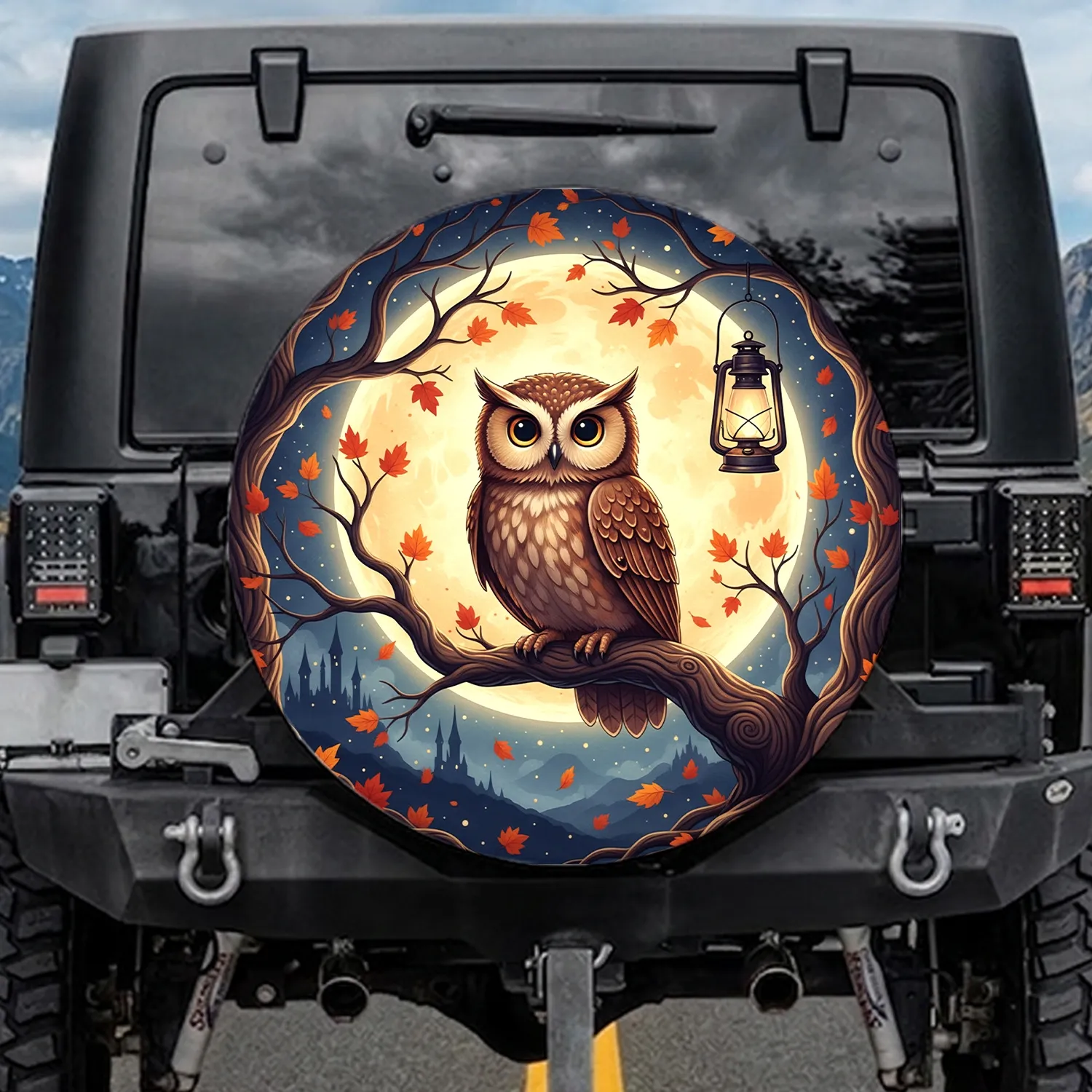 Wide-Eyed Brown Owl Tree Branch Moon Autumn Lantern Castle - Wildlife Lover Gift for Owl Lovers Spare Tire Cover - 1