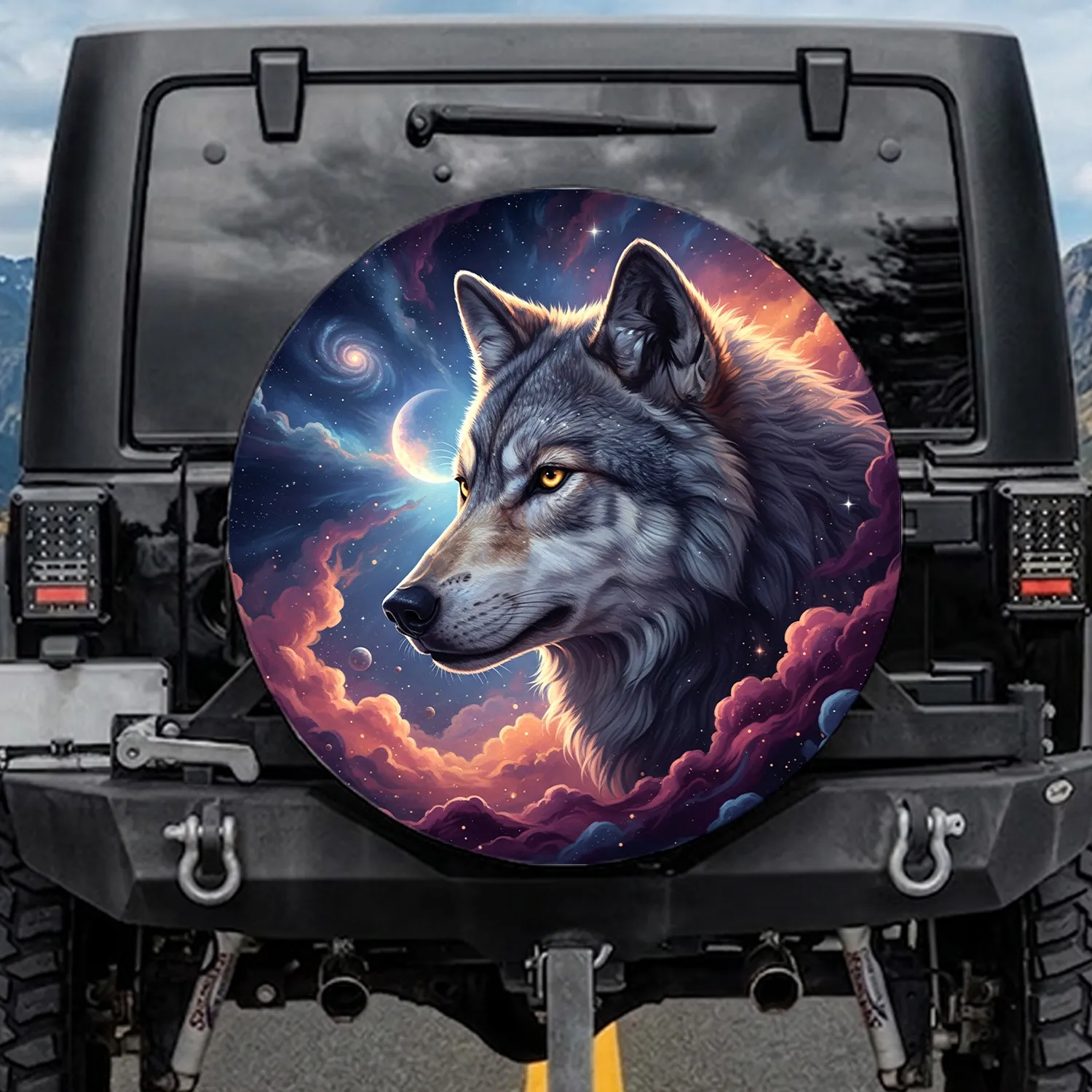 Gray Wolf Cosmic Nebula Stars Moon - Wildlife Lover Space Enthusiast Gift Spare Tire Cover - 1