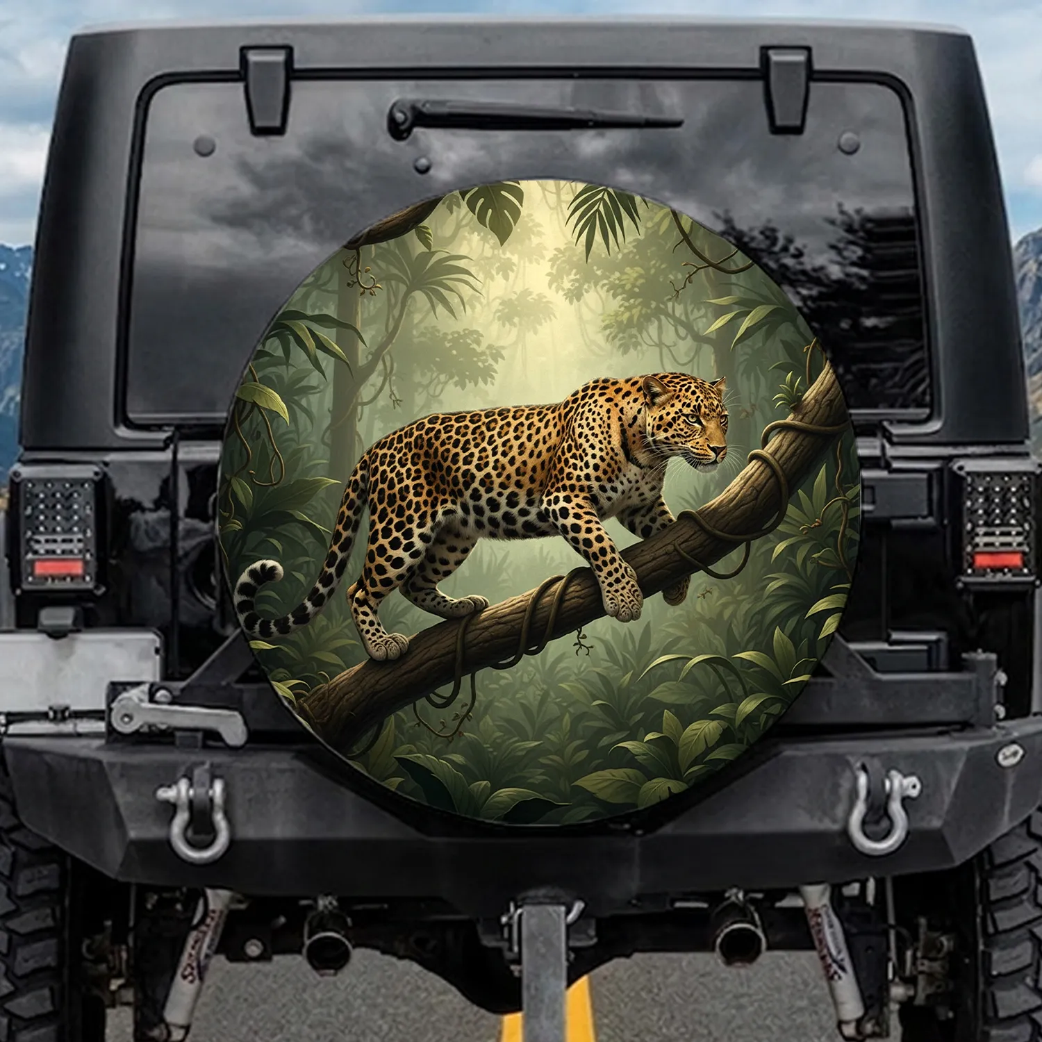 Leopard Jungle Tree Branch Tropical Foliage - Wildlife Lover Gift Spare Tire Cover - 1