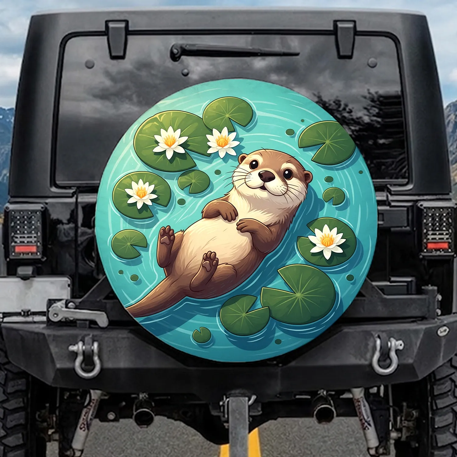 Smiling Otter Floating Lily Pads Turquoise Pond Water - Wildlife Lover Gift for Otter Lover Spare Tire Cover - 1