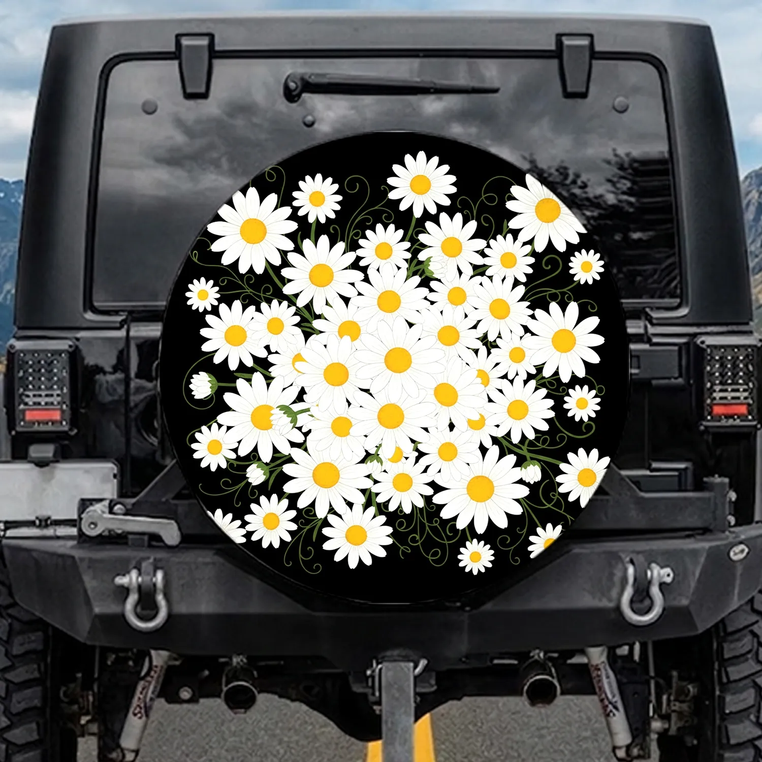 Organic Flowing Daisy Flowers Yellow Centers Velvety Black Background Nature Lover Gift Spare Tire Cover - 1