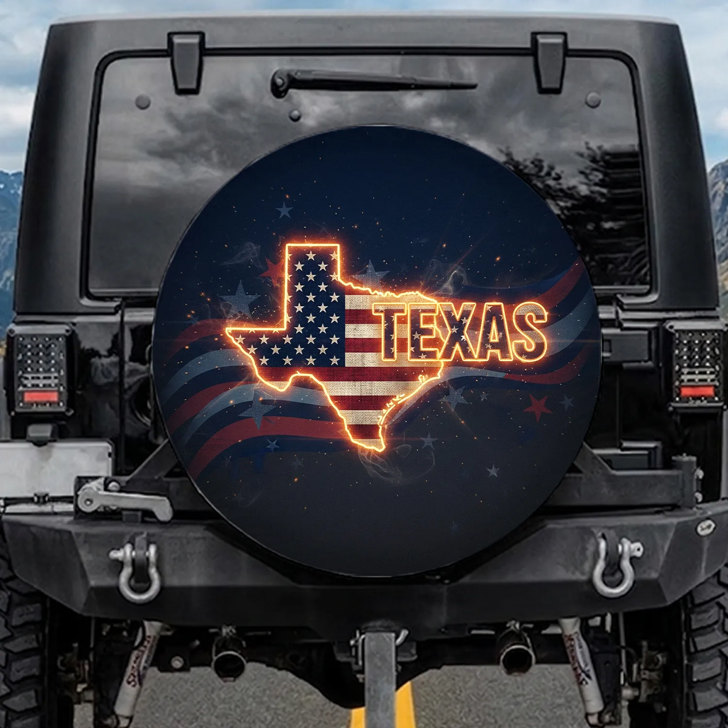 Texas State American Flag Glowing Outline - Patriotic Gift for Texans Spare Tire Cover - 1