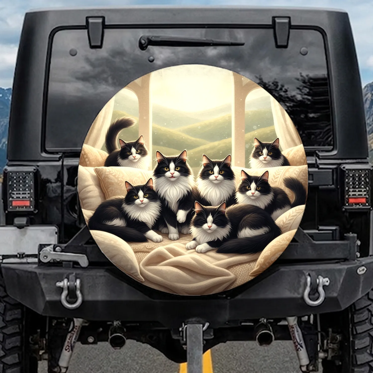 Fluffy Black White Tuxedo Cats Plush Furnishings Hills Landscape - Cat Lover Gift Spare Tire Cover - 1