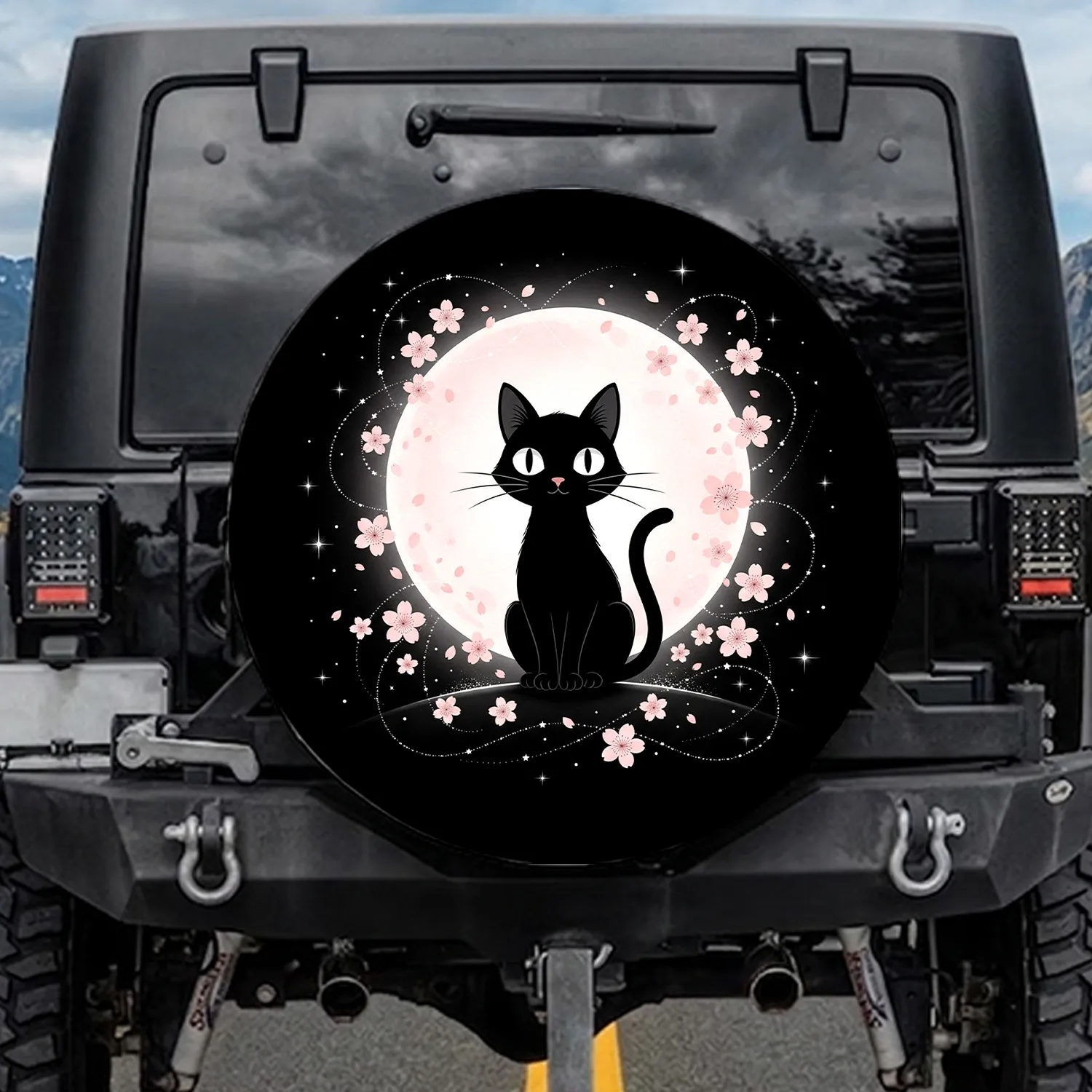 Black Cat Cherry Blossom Full Moon Starry Night - Outdoor Car Accessory Gift Spare Tire Cover - 1