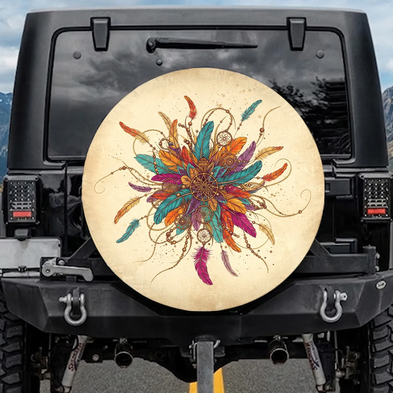 Intricate Feathers Dreamcatcher Beads Chains - Boho Lifestyle Travel Accessory Spare Tire Cover - 1