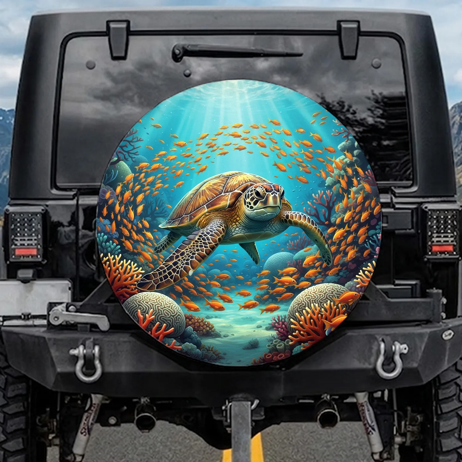 Sea Turtle Reef Fish Coral Light Rays Shimmering Water - Ocean Lover Gift Spare Tire Cover - 1