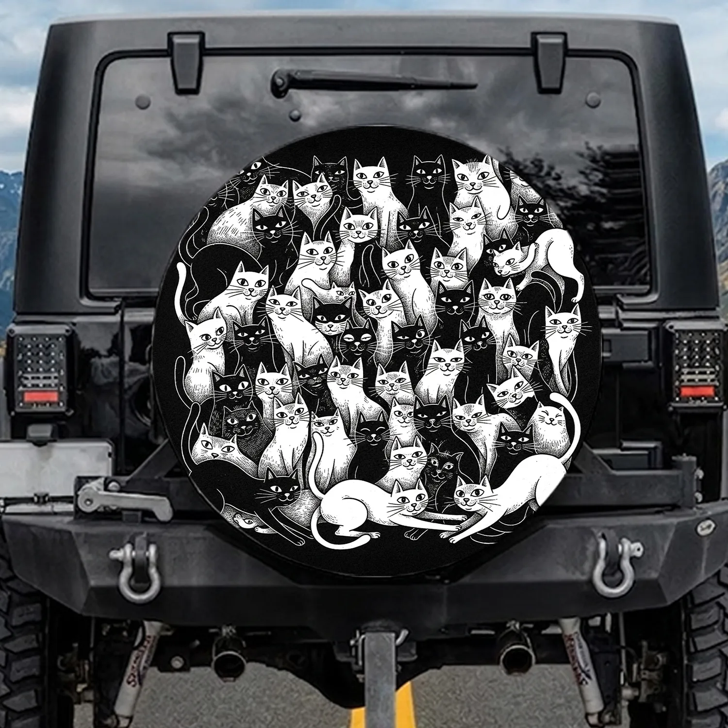 Black White Cats Peeking Stretching Blending Crowd – Cat Lover Home Decor Gift Spare Tire Cover - 1