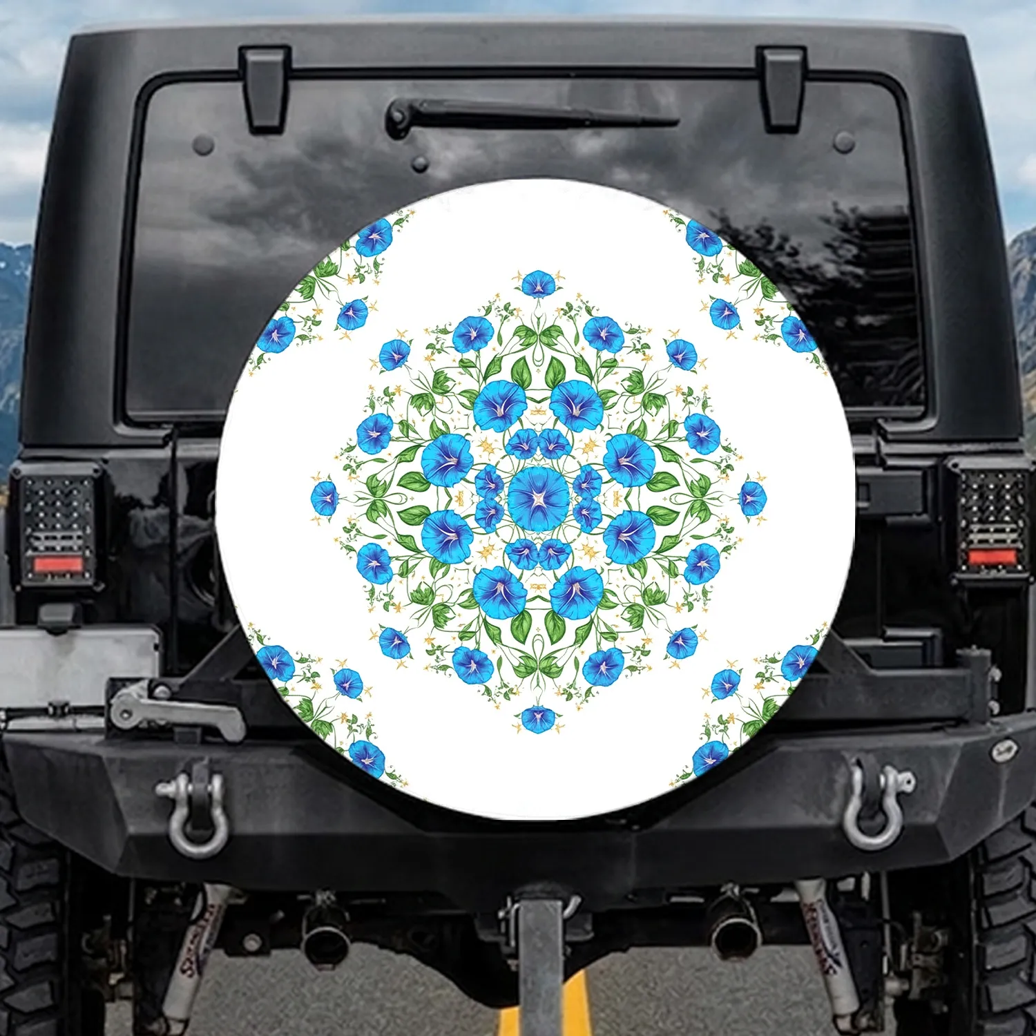 Blue Morning Glory Flowers Green Vines Golden Stars - Everyday Outdoor Vehicle Decor Gift Spare Tire Cover - 1