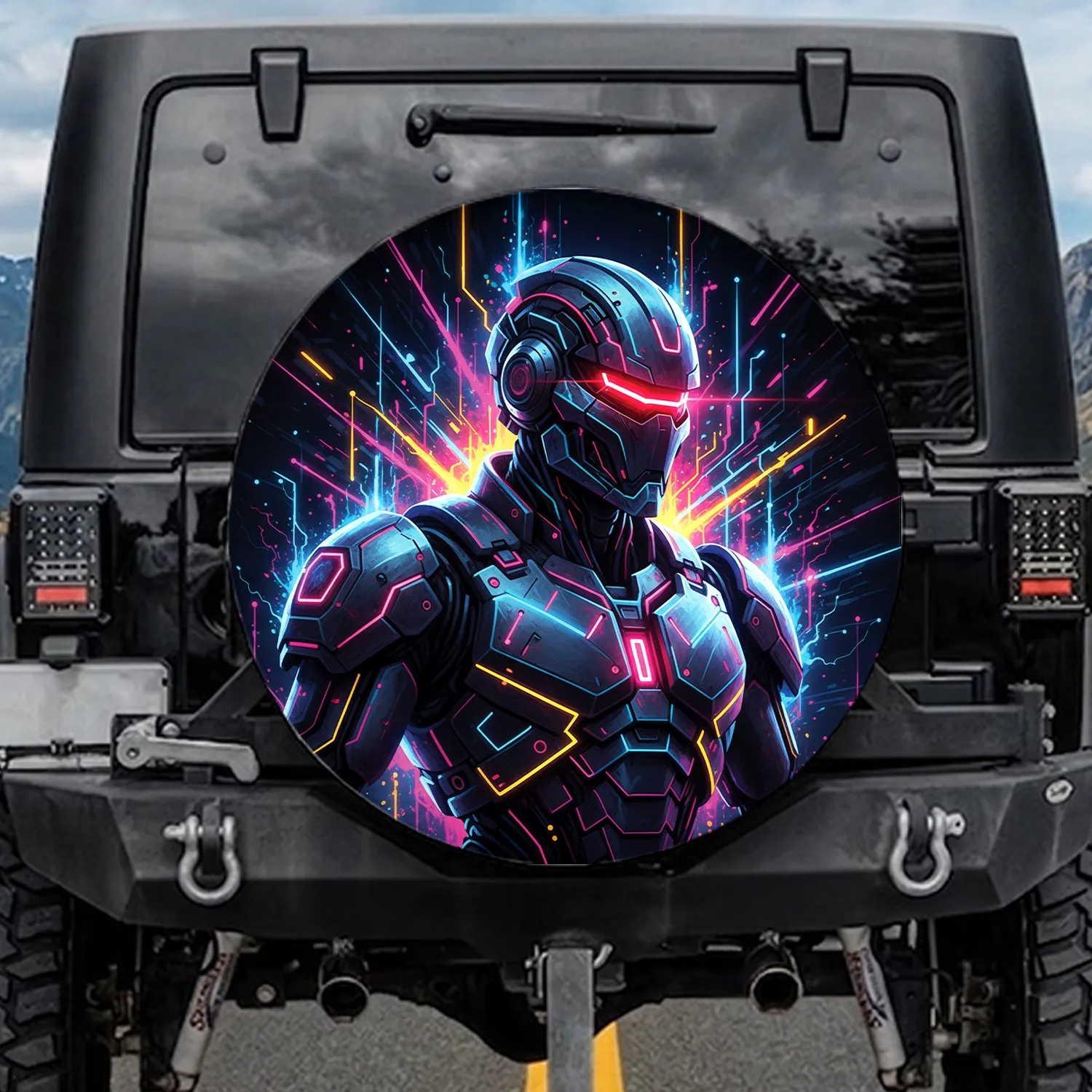 Futuristic Robot Neon Glowing Visor - Auto Enthusiast Visual Art Gift Spare Tire Cover - 1