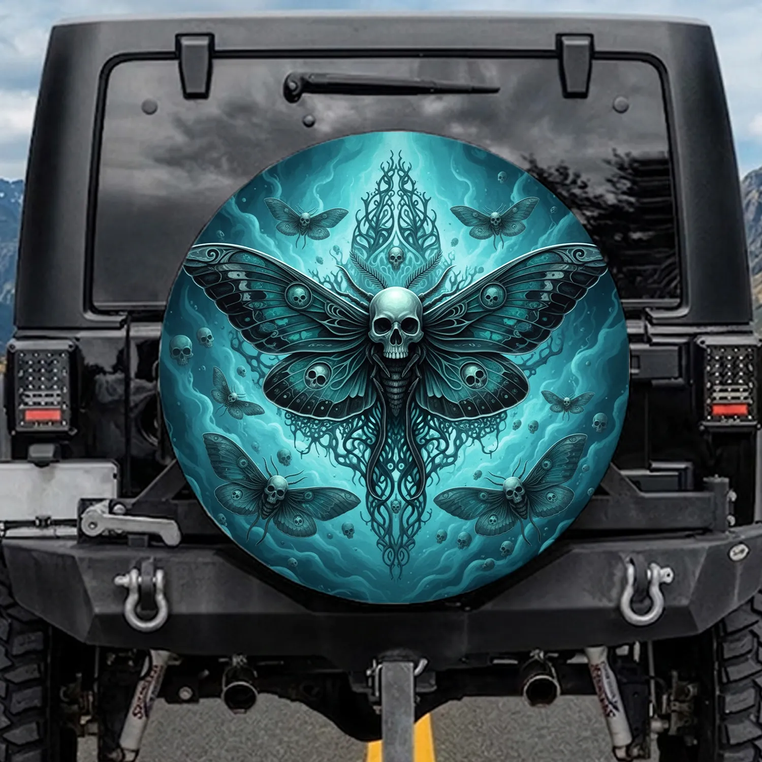 Majestic Human Skull Moth Ornate Ghostly Skull Wings Swirling Smoke Dark Fantasy Lover Gift Spare Tire Cover - 1