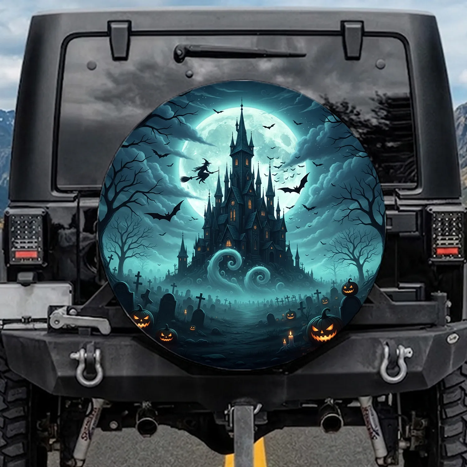 Gothic Castle Graveyard Witch Full Moon - Fantasy Lover Home Decor Gift Spare Tire Cover - 1