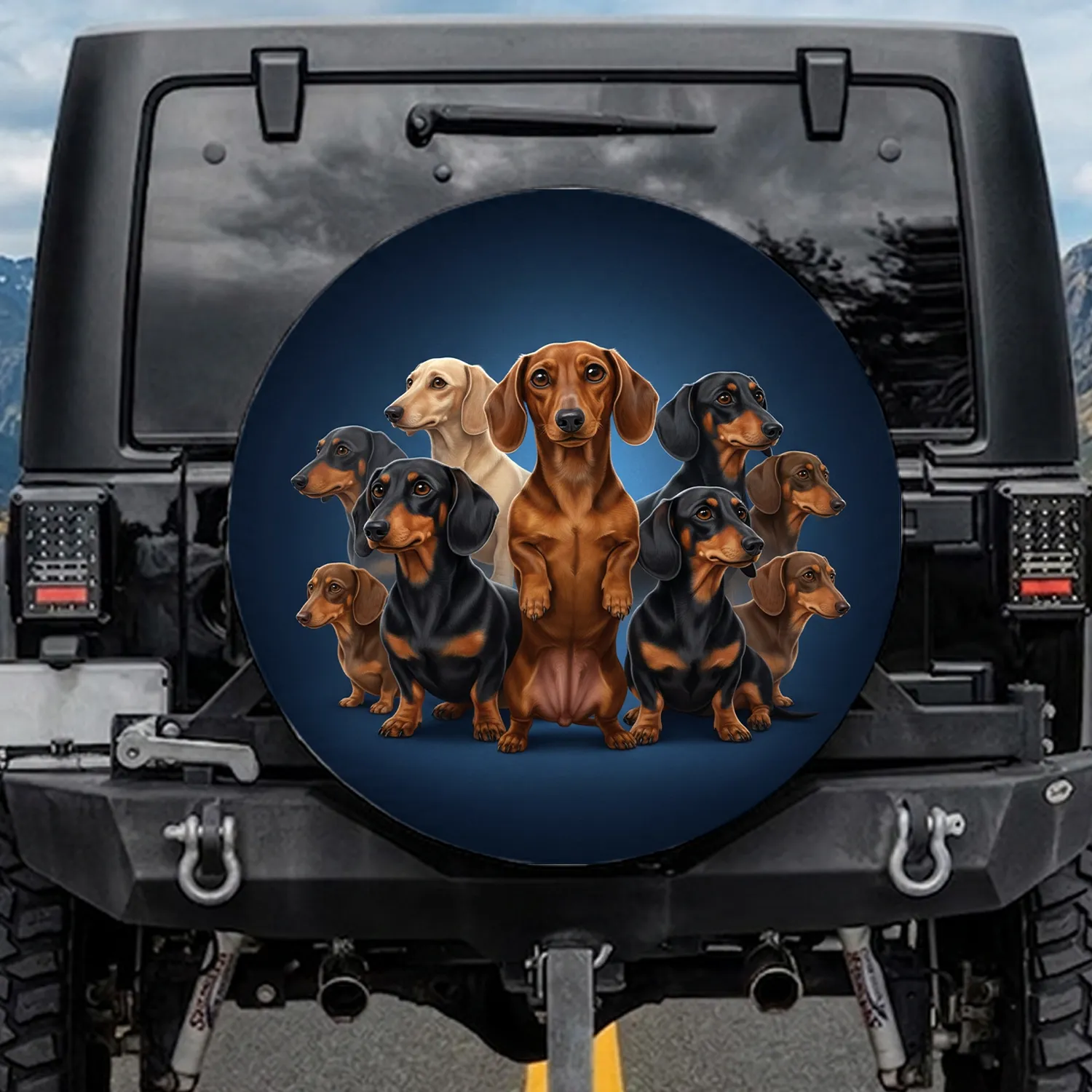 Alert Playful Dachshund Dogs Realistic Black Tan Reddish Brown - Dog Lover Gift Spare Tire Cover - 1