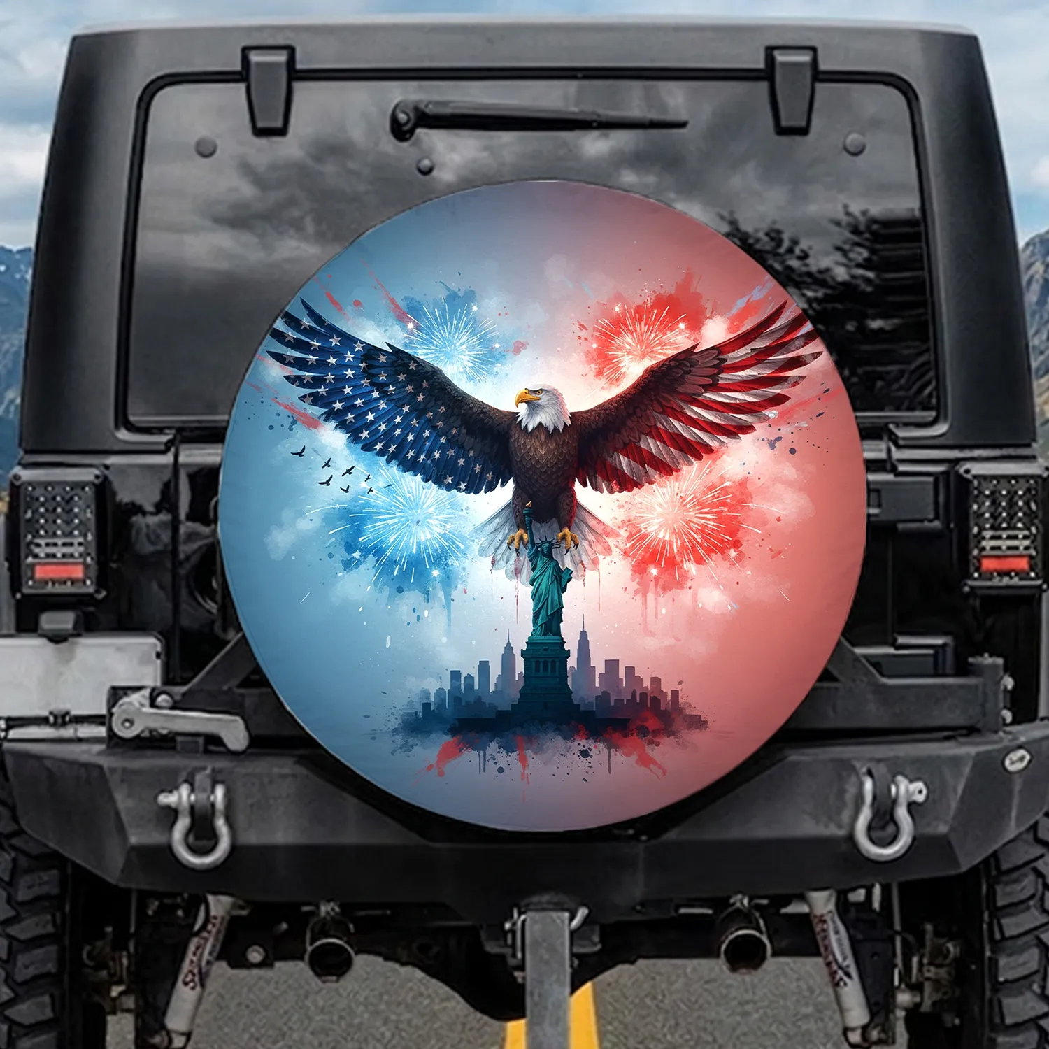 Bald Eagle Statue of Liberty NYC Skyline - Independence Day Celebration for Veterans Spare Tire Cover - 1
