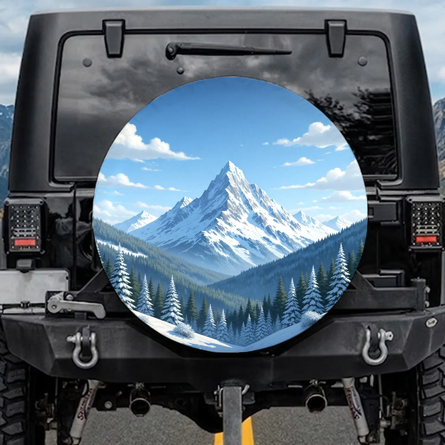 Majestic Snow Mountain Range Evergreen Forest Blue Sky - Outdoor Adventure Gift Spare Tire Cover - 1
