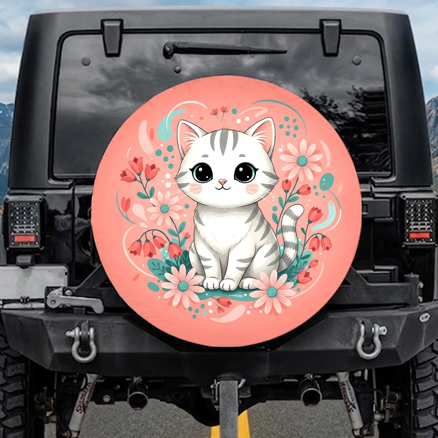 White Grey Striped Cat Pink Daisy Flowers Teal Dots Coral Background - Cat Lover Home Decor Gift Spare Tire Cover - 1