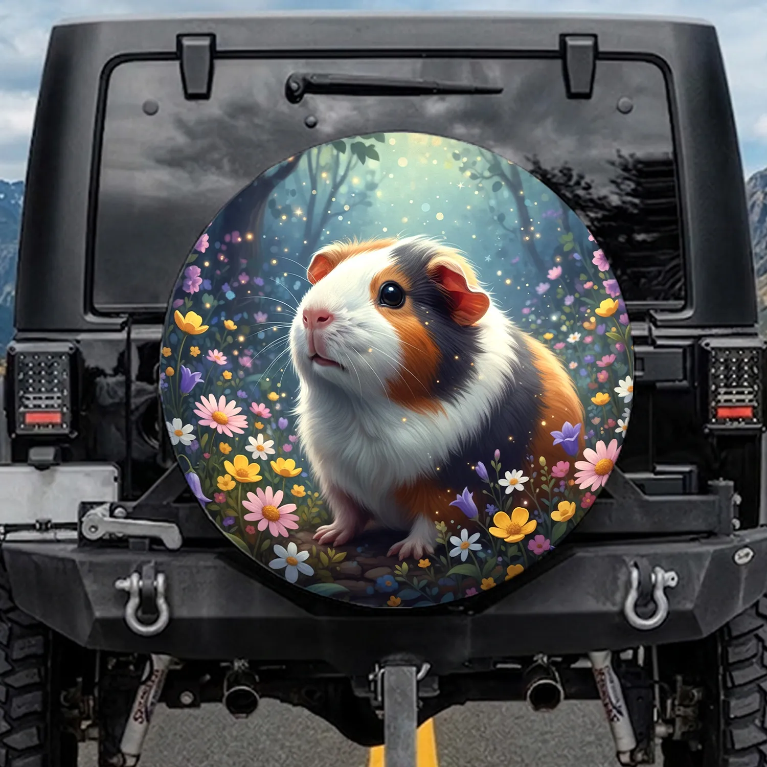 Curious Tricolor Guinea Pig Wildflower Garden Enchanted Forest Wildlife Lover Gift Spare Tire Cover - 1