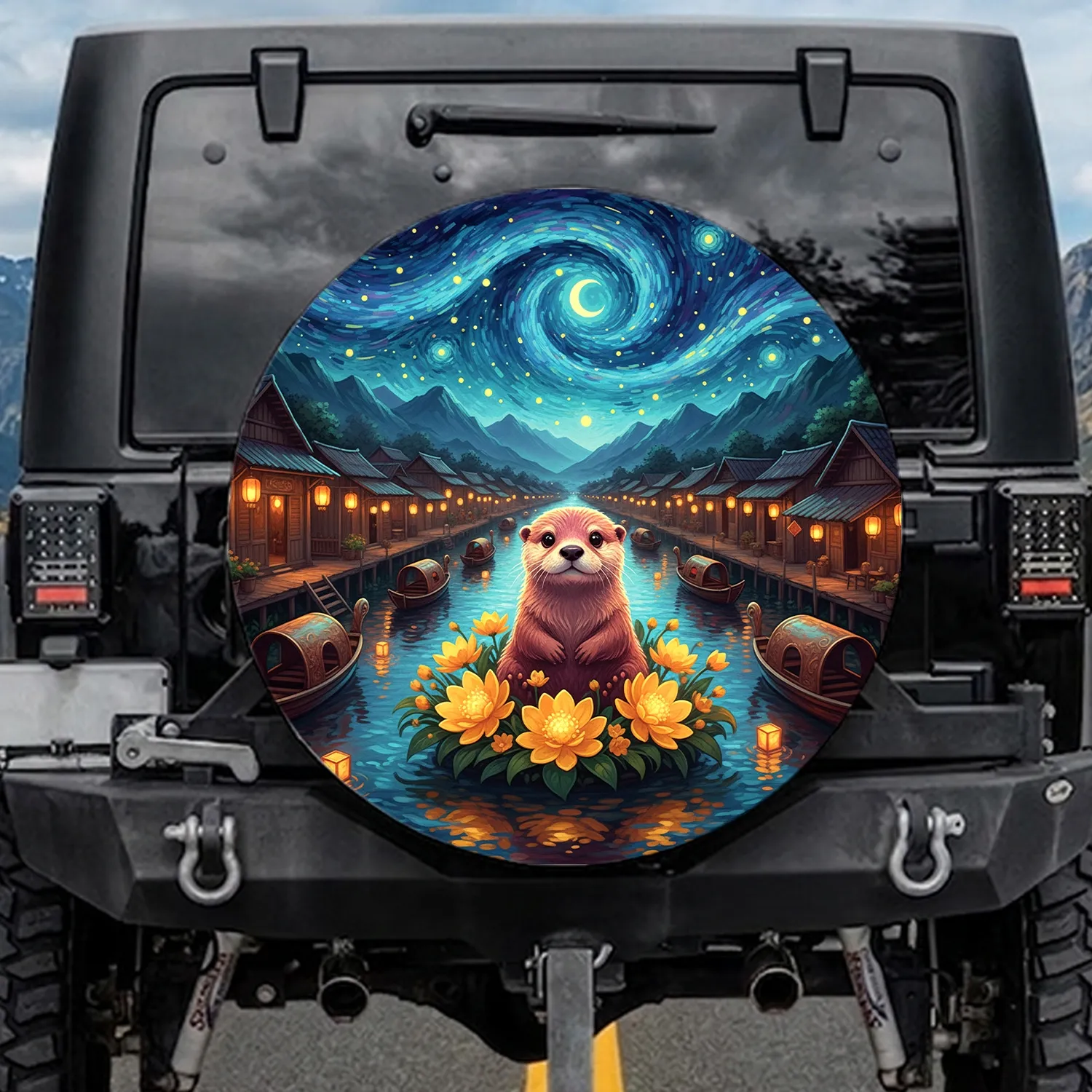Fluffy Otter Yellow Flowers Floating Market Van Gogh Starry Sky Wildlife Lover Gift Spare Tire Cover - 1