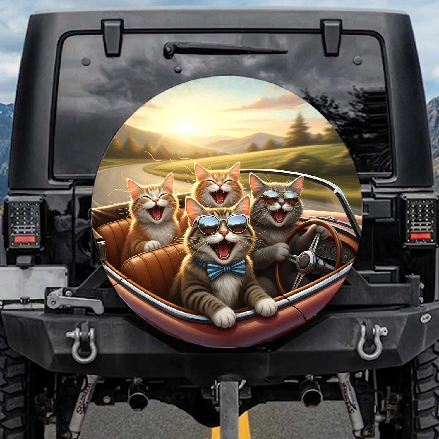 Four Exhilarated Cats Driving Convertible Car - Open Road Adventure Travel Lover Gift Spare Tire Cover - 1