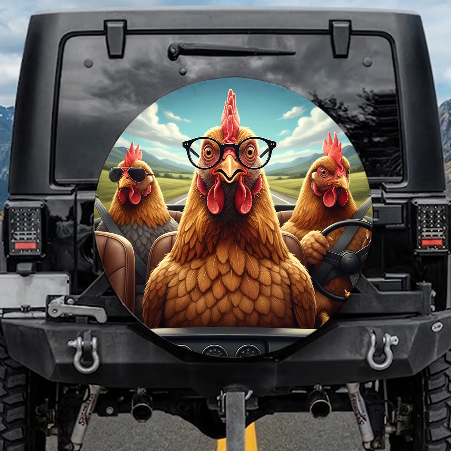 Driving Chickens Highway Journey - Funny Chicken Lover Road Trip Gift Spare Tire Cover - 1