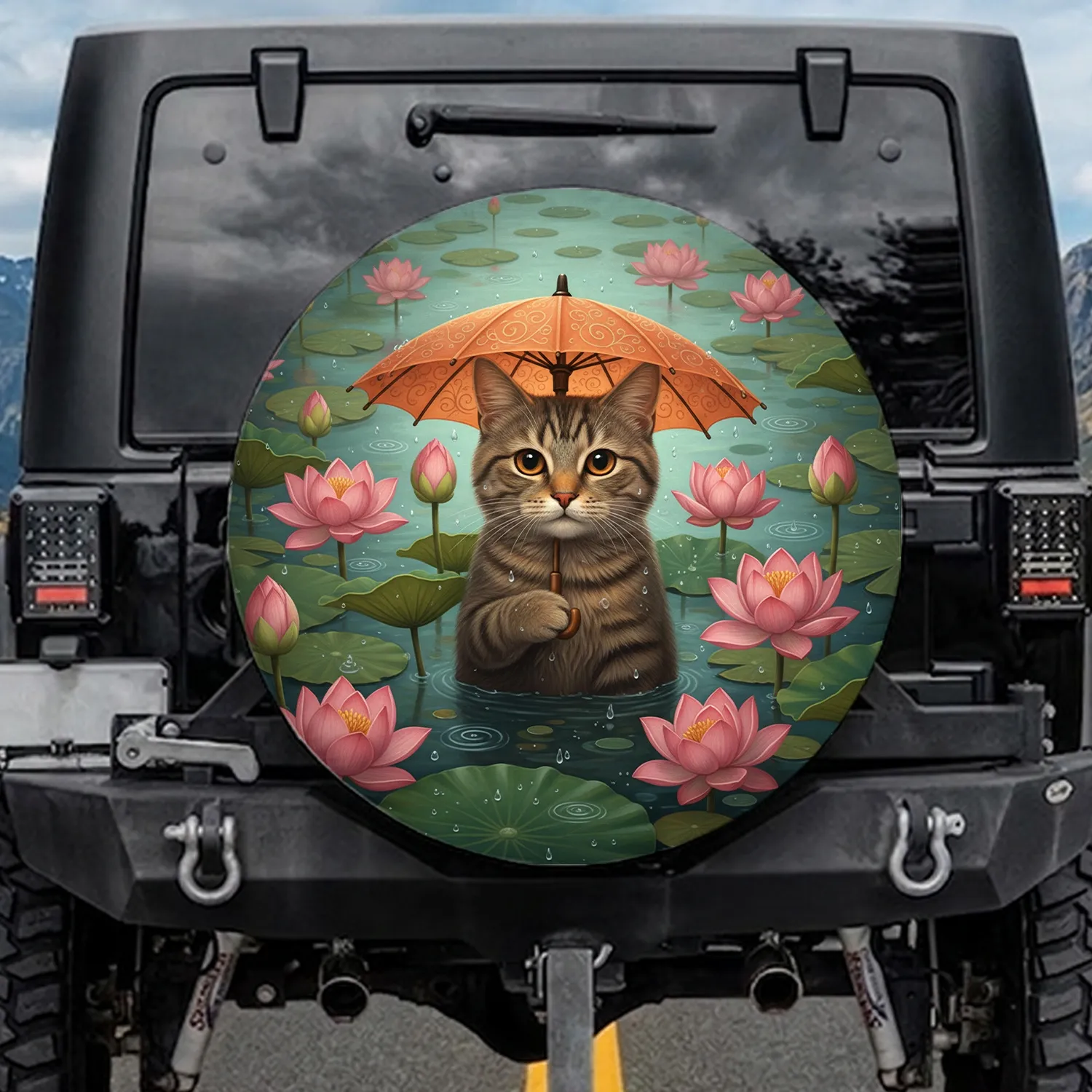 Tabby Cat Orange Umbrella Pink Lotus Rain Pond - Nature Lover Everyday Vehicle Gift for Cat Lover Spare Tire Cover - 1