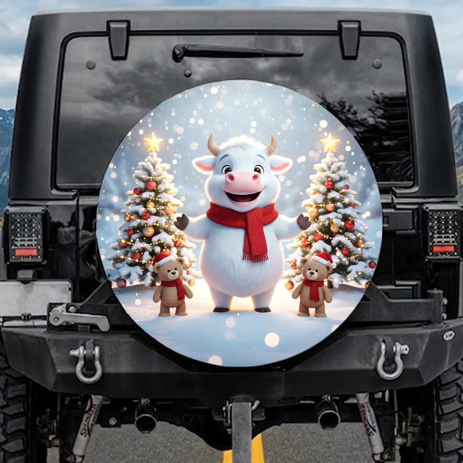 Bull Calf Red Scarf Teddy Bears Christmas Trees - Snowy Holiday Gift Spare Tire Cover - 1
