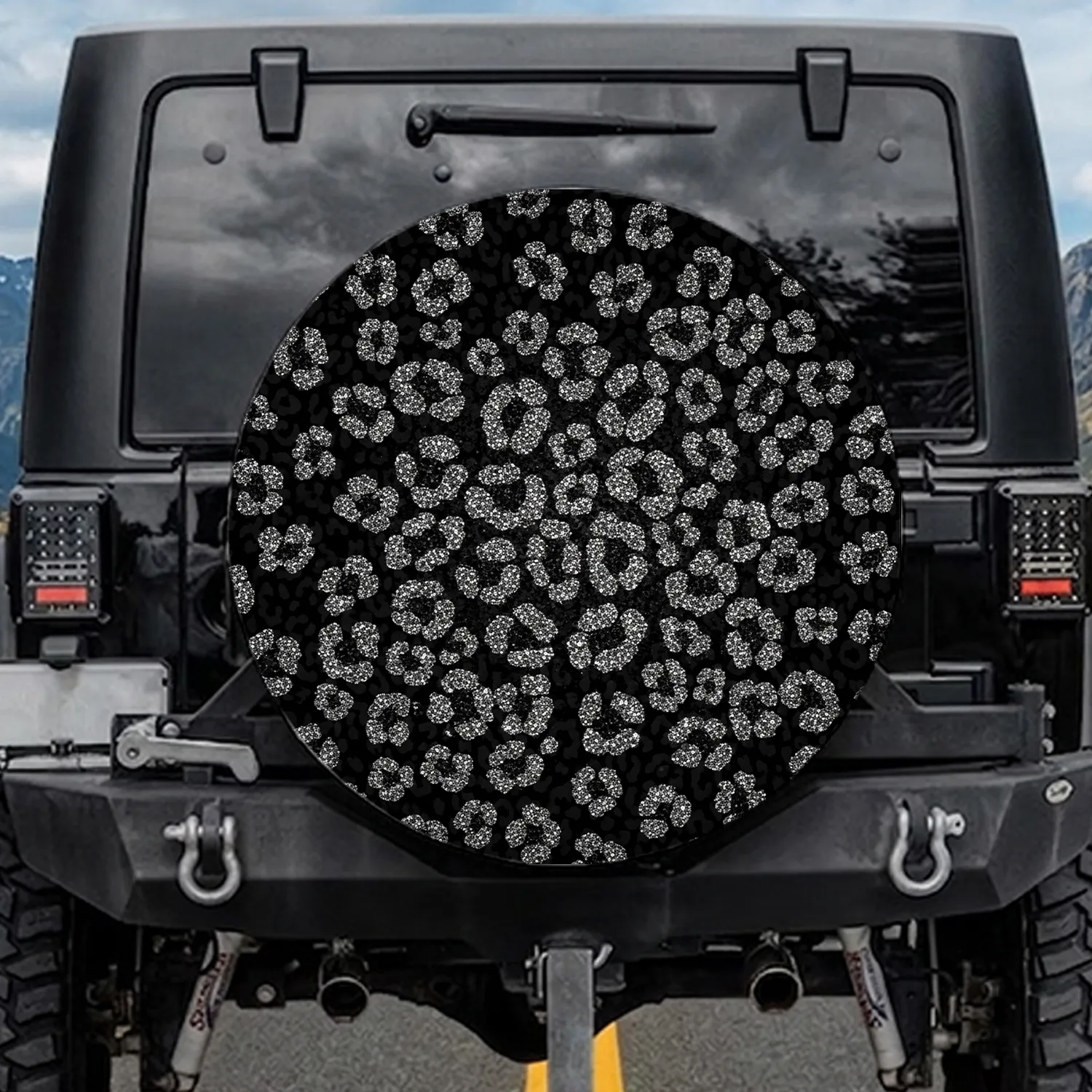 Black Silver Glitter Leopard Print Luxury Lifestyle Gift for Fashion Lover Spare Tire Cover - 1