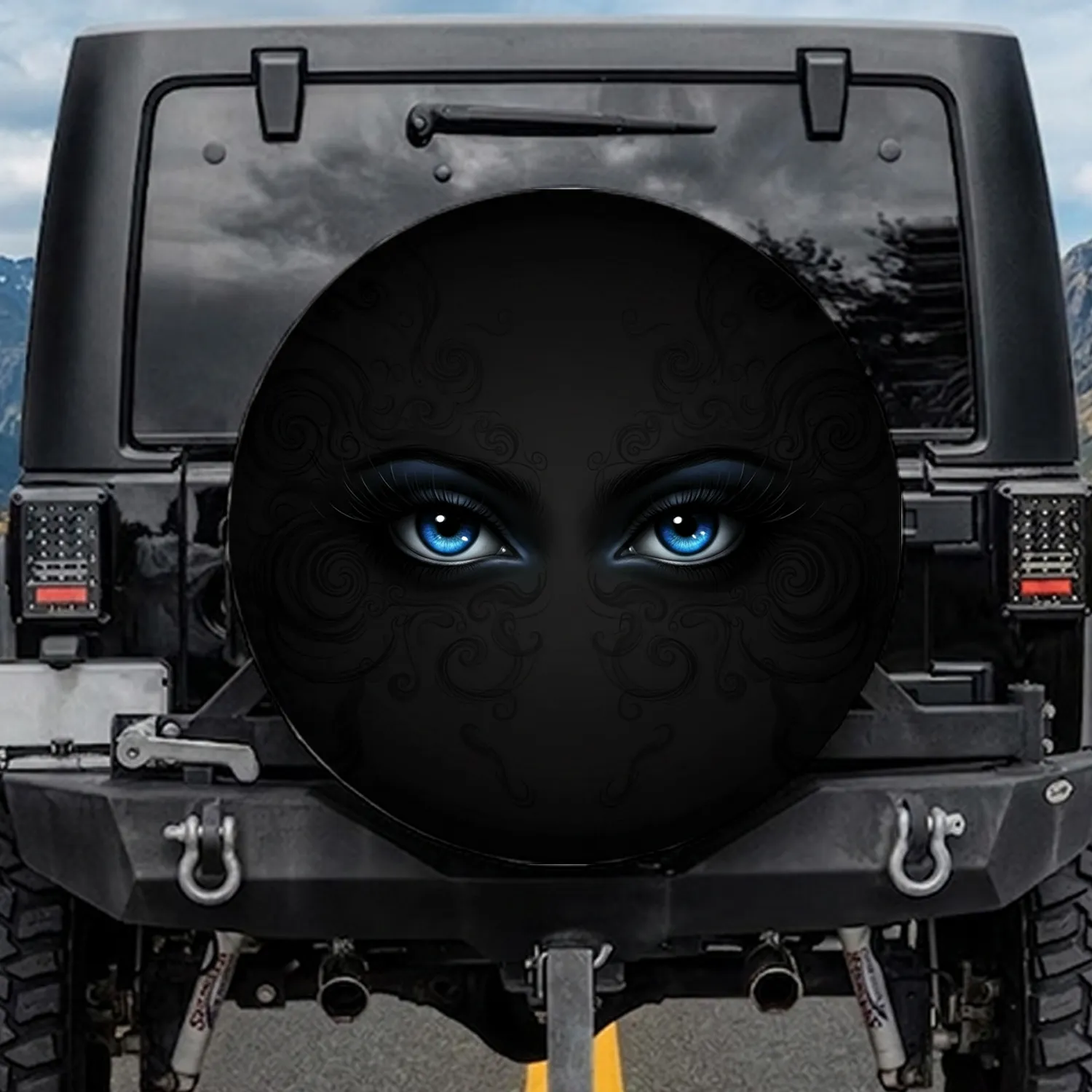 Feline Deep Blue Eyes Sweeping Lashes Smoke Charcoal Background - Wildlife Lover Gift Spare Tire Cover - 1