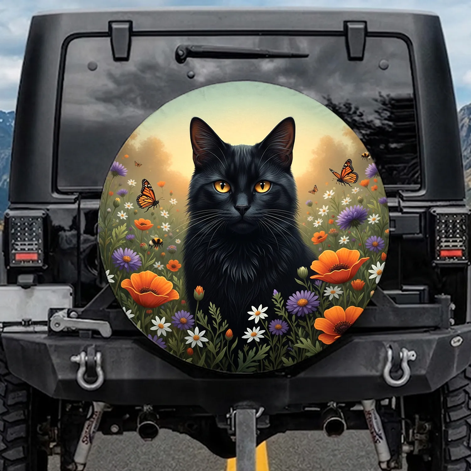 Amber Eye Black Cat Poppy Aster Meadow Nature Lover Gift for Cat Lover Spare Tire Cover - 1