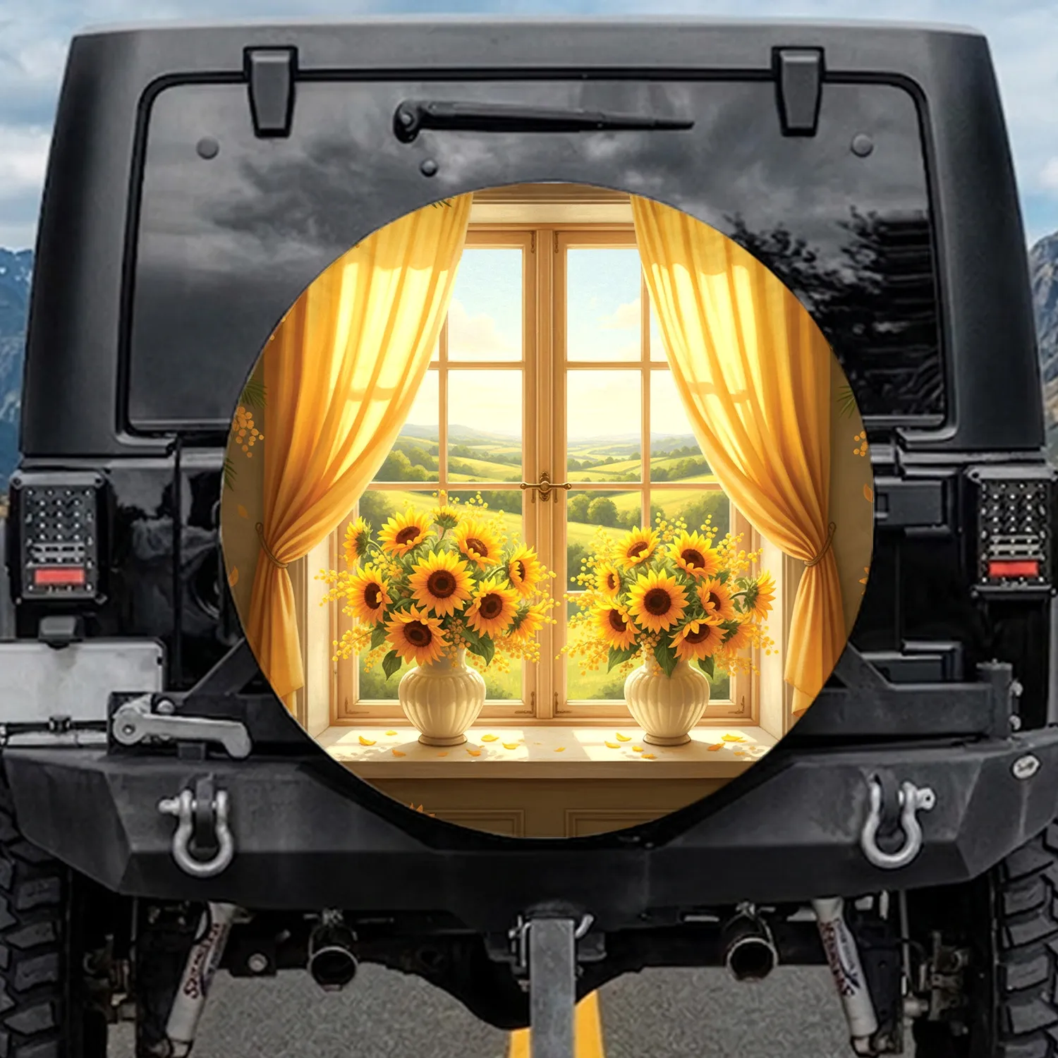 Sunlit Sunflowers Mimosa Vases Window Pastoral Landscape - Home Decor Gift Spare Tire Cover - 1