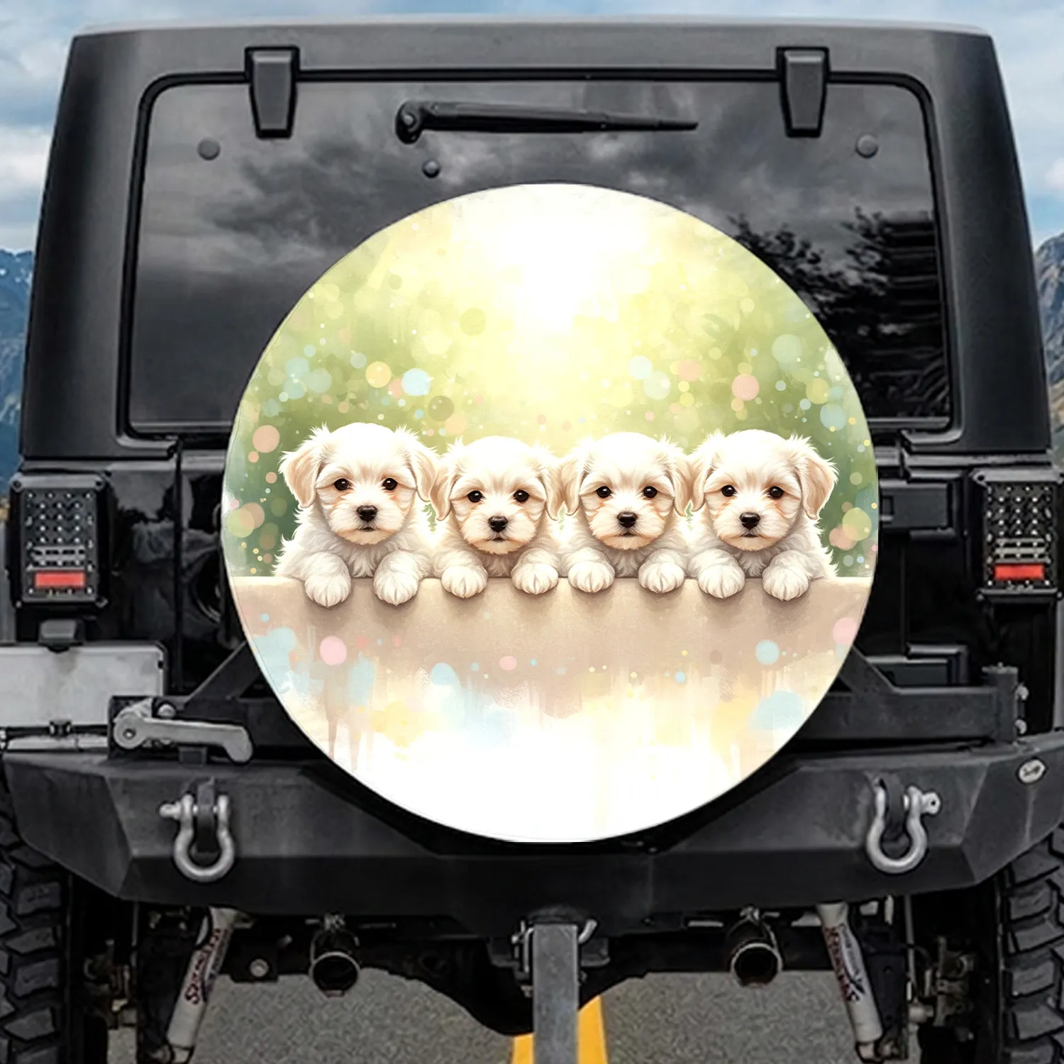 Maltese Bichon Puppies Soft Beige Platform - Home Decor Gift for Dog Lover Spare Tire Cover - 1