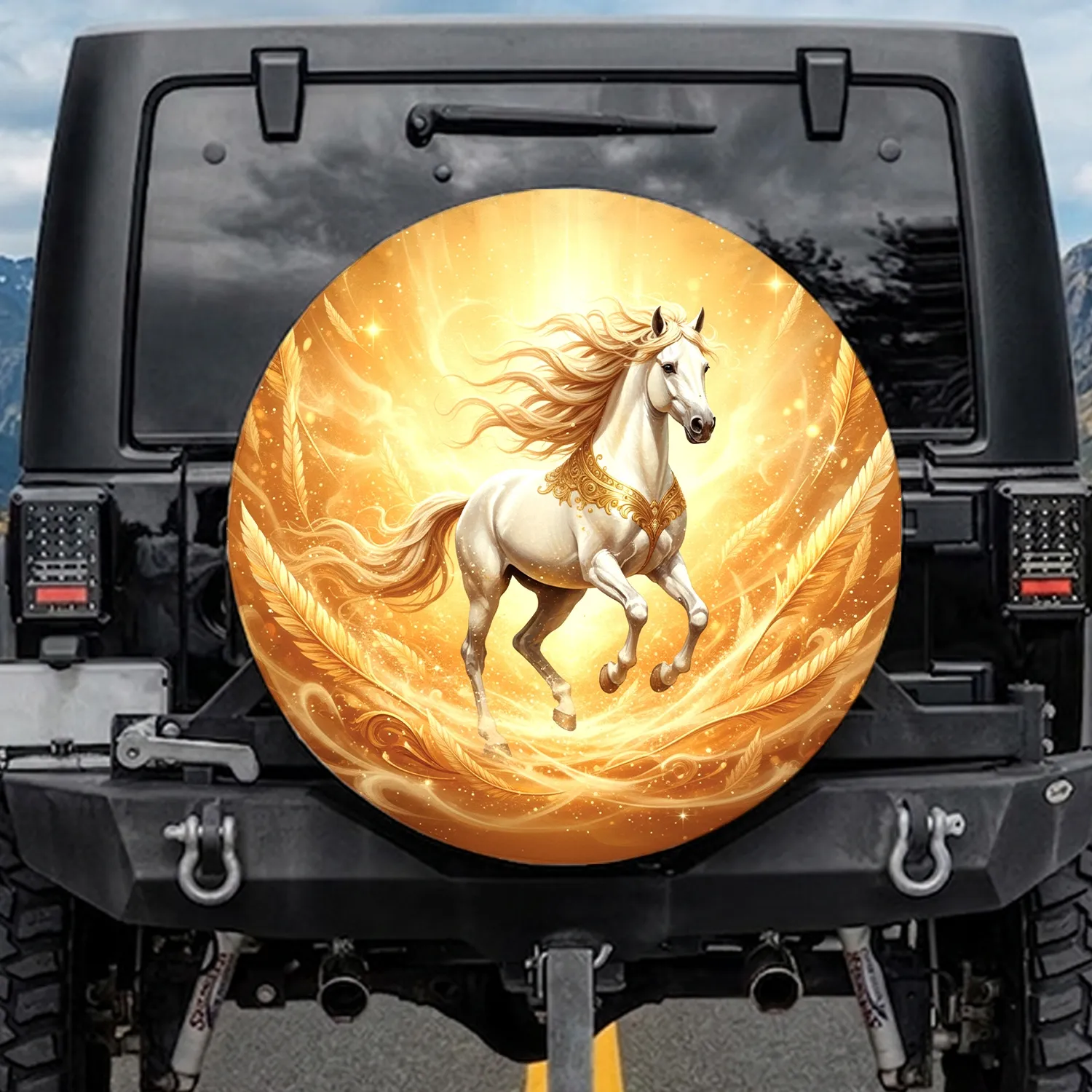 Majestic White Horse Gold Filigree Gallop - Fantasy Decor Gift for Horse Lover Spare Tire Cover - 1