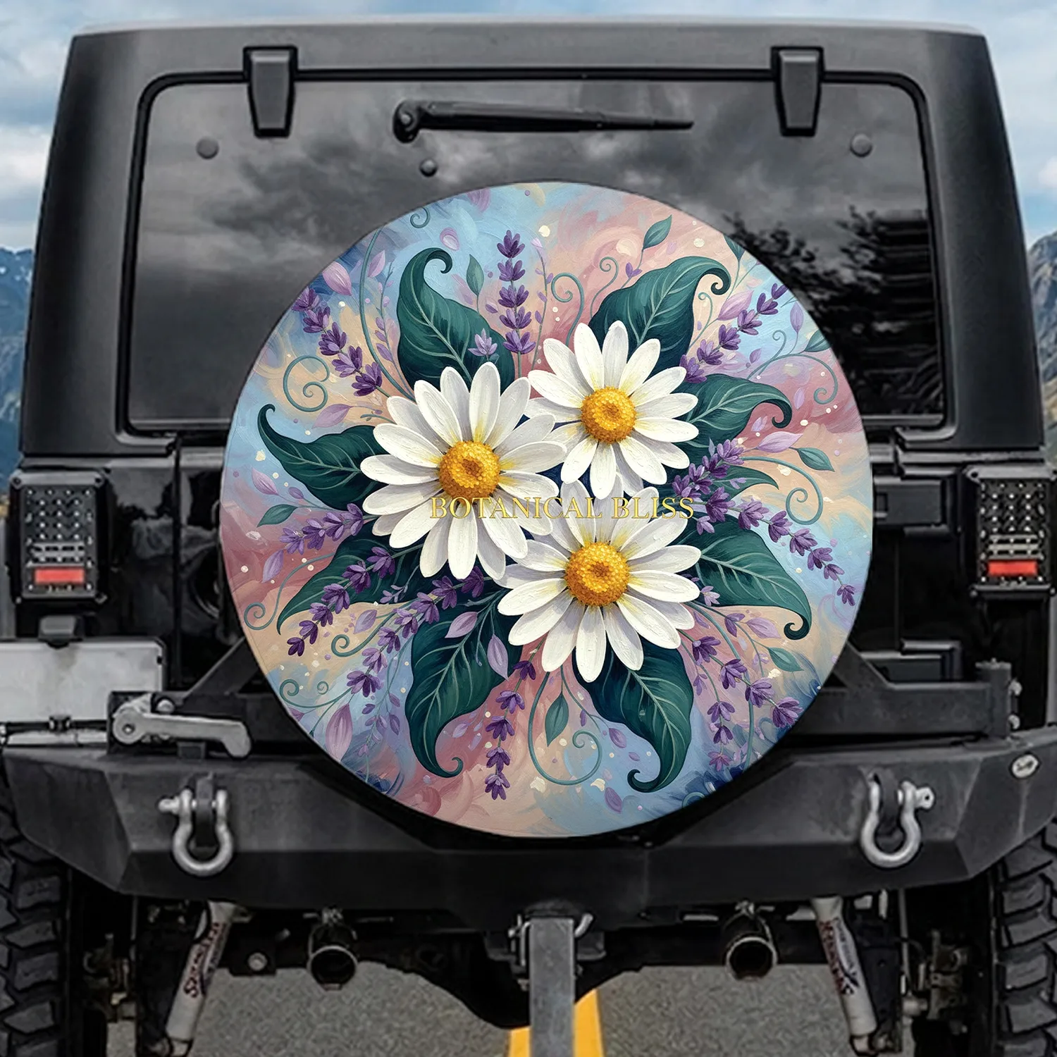White Daisy Flowers Lavender Botanical - Home Decor Gift for Flower Lover Spare Tire Cover - 1