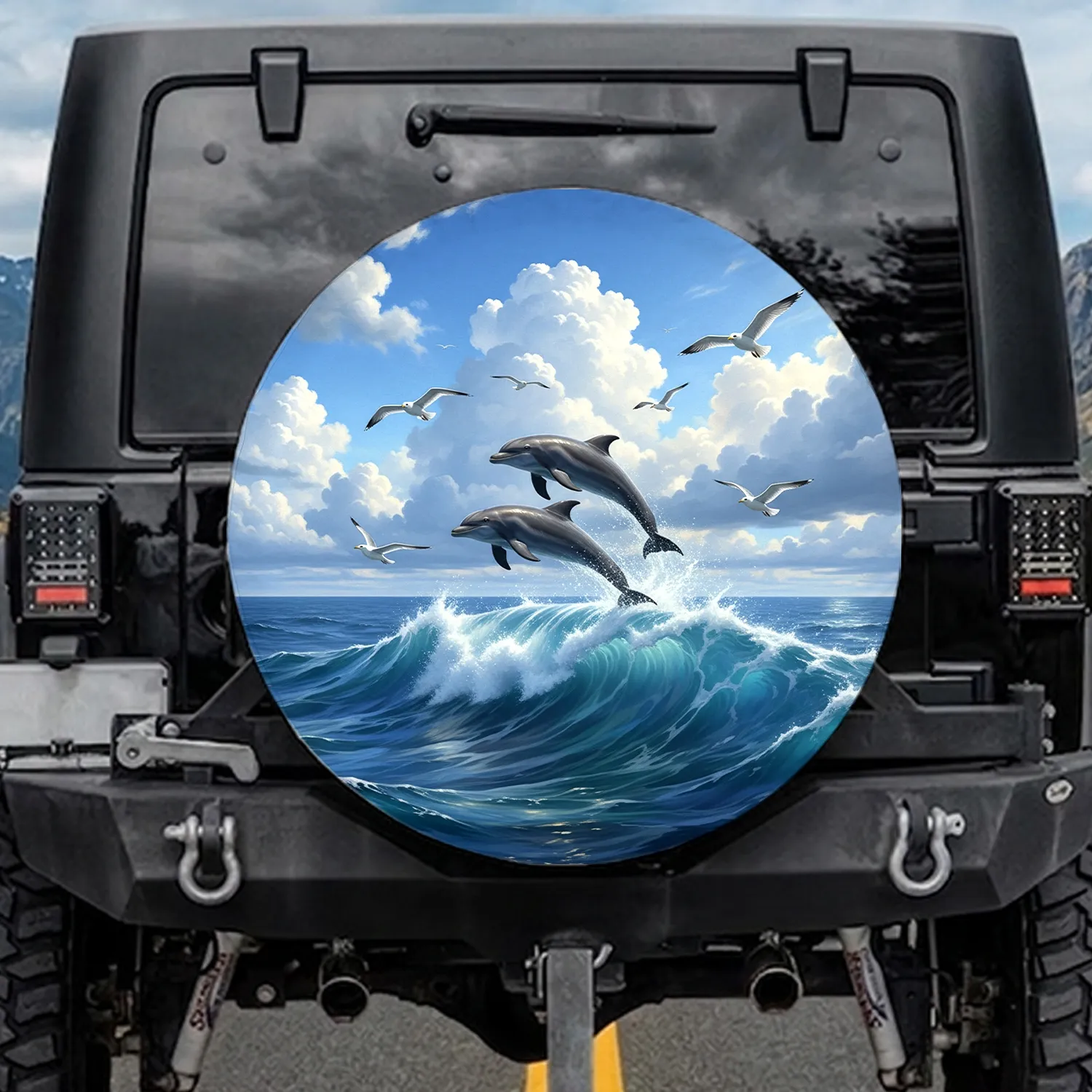Dolphins Leaping Ocean Wave Seagulls Cumulus Clouds - Ocean Lover Gift Spare Tire Cover - 1