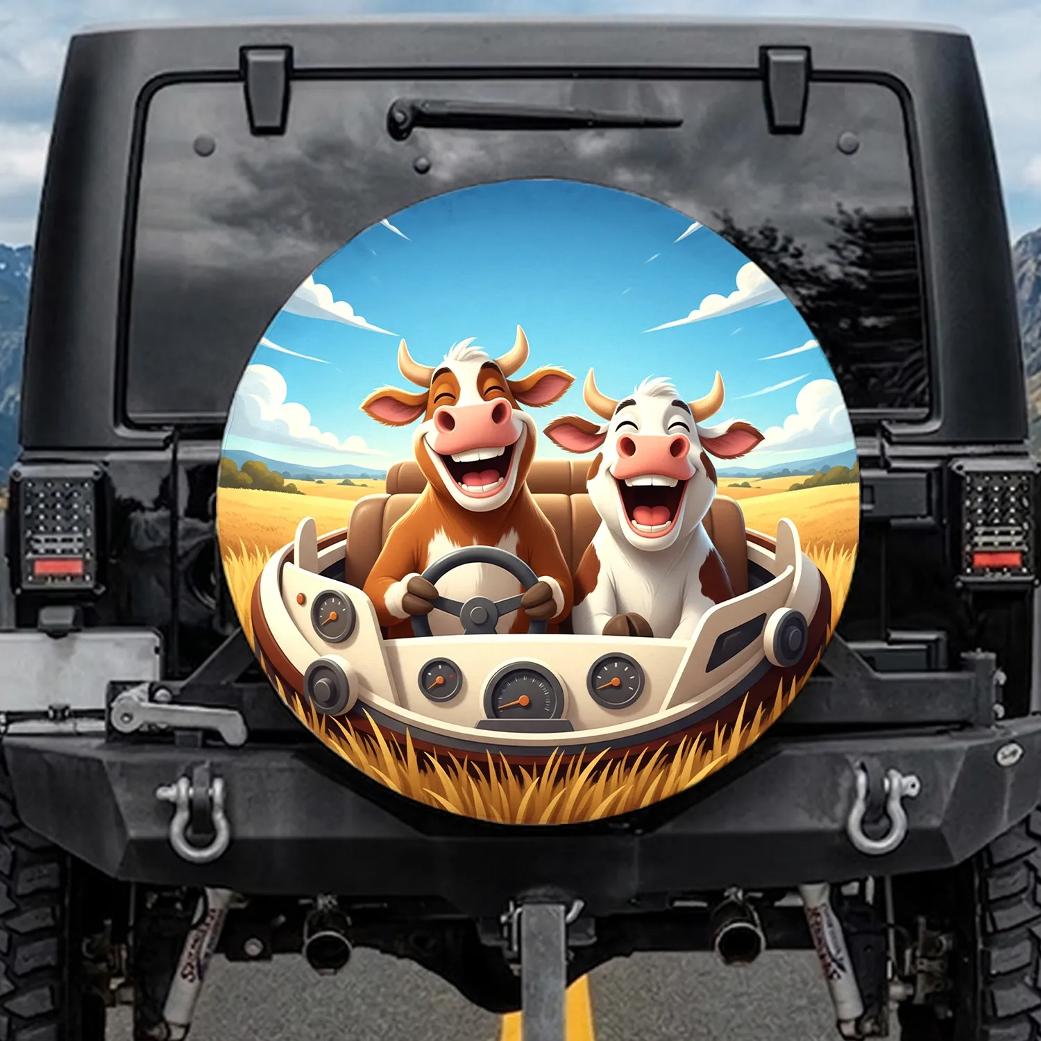 Cartoon Cows Vehicle Interior Rural Landscape Farmhouse Decor Gift for Cow Lover Spare Tire Cover - 1