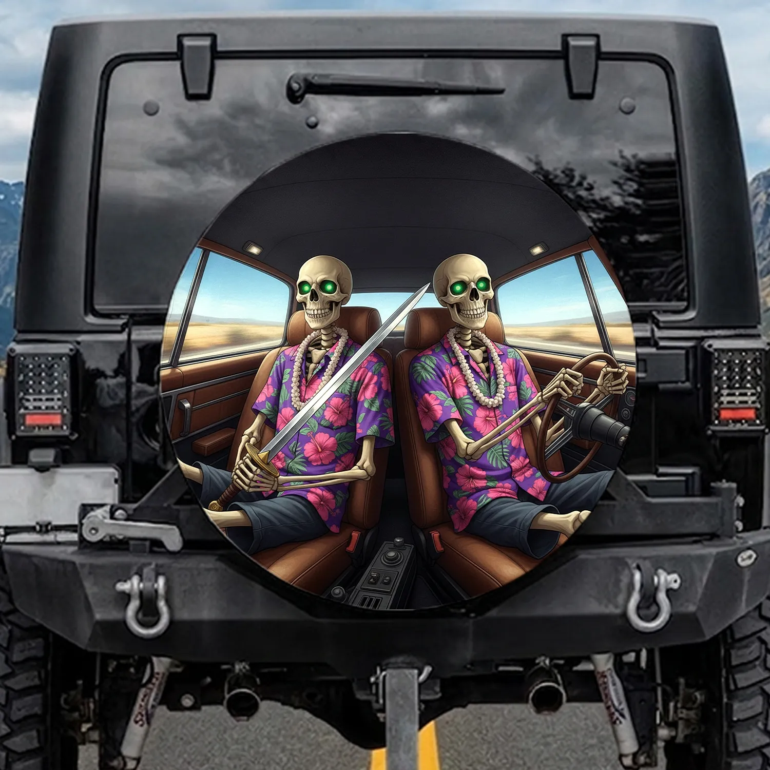 Skeleton Hawaiian Shirt Steering Wheel Broadsword - Vehicle Decor Gift Spare Tire Cover - 1