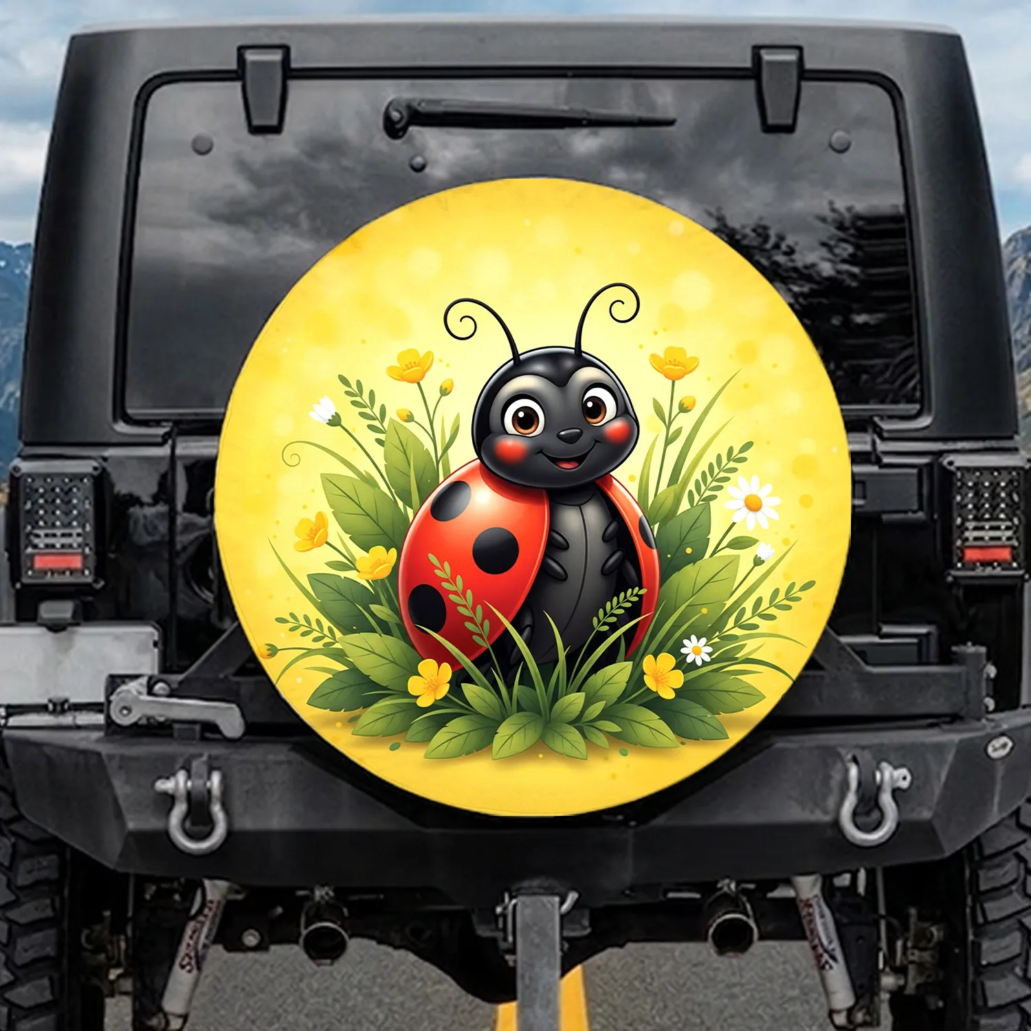 Vibrant Red Ladybug Spotted Wildflower Meadow - Nature Lover Gift Spare Tire Cover - 1