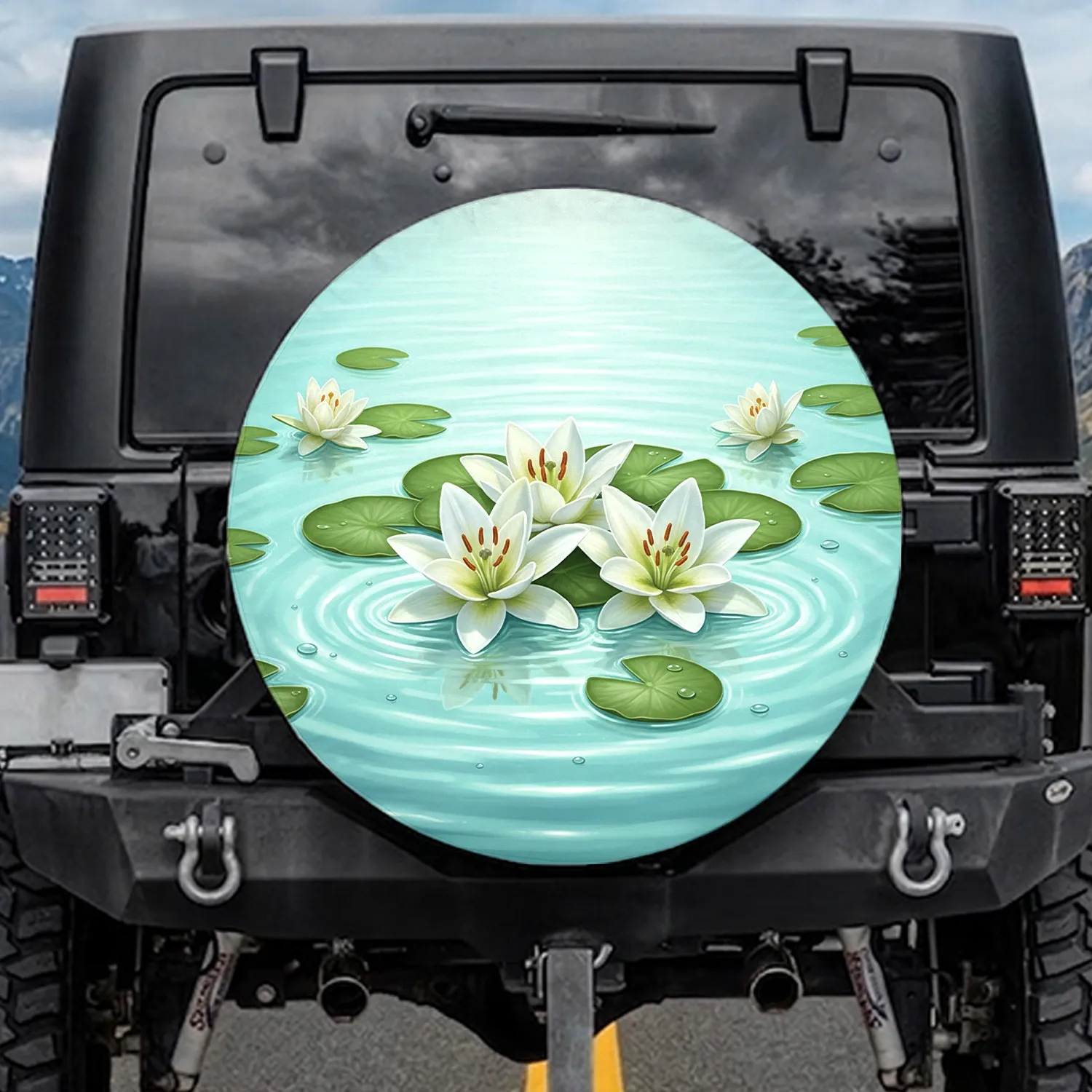 White Lily Flowers Green Lily Pads Floating Water - Home Decor Gift for Nature Lovers Spare Tire Cover - 1