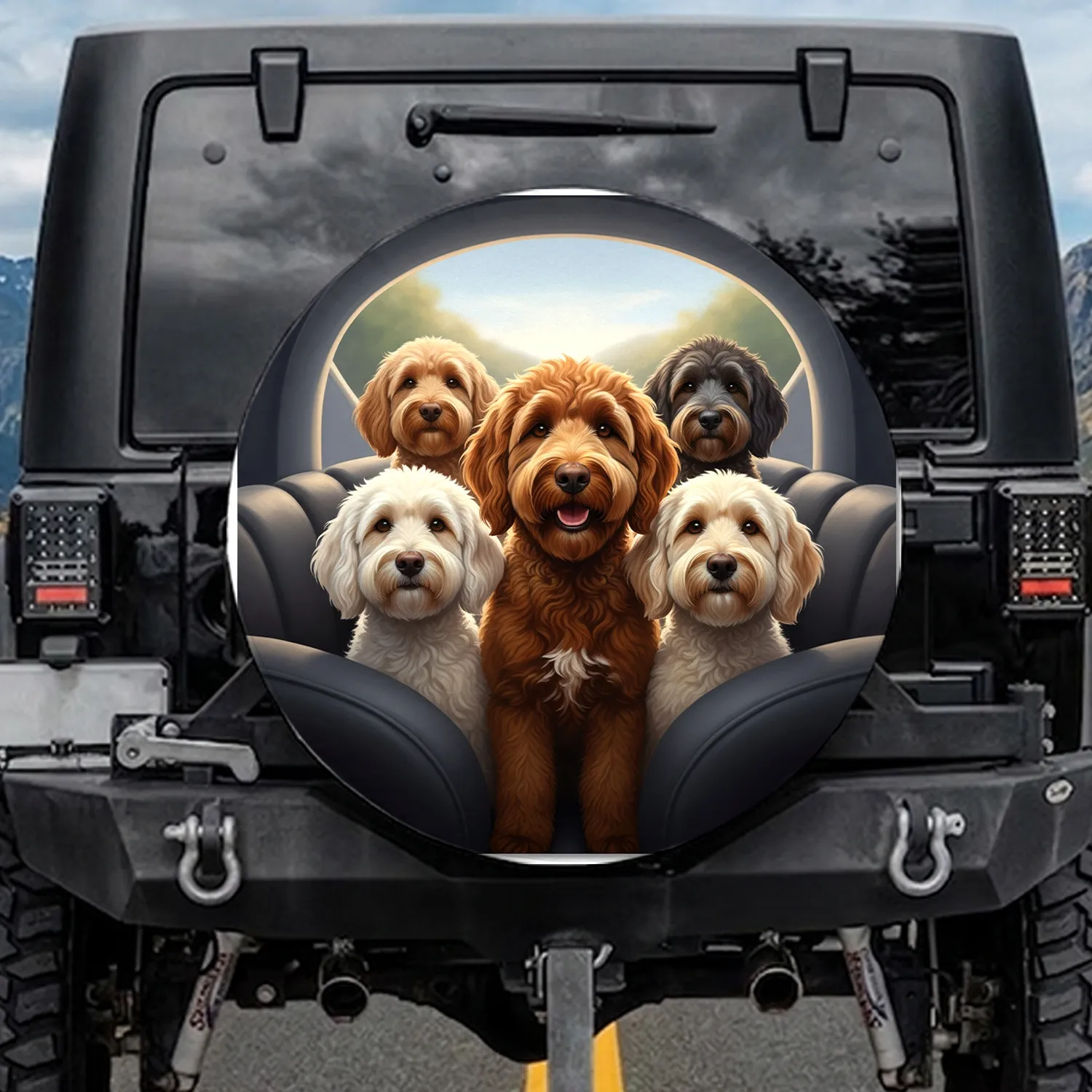 Smiling Fluffy Goldendoodle Dog Pack Road Trip Scene - Pet Lover Gift for Dog Owners Spare Tire Cover - 1