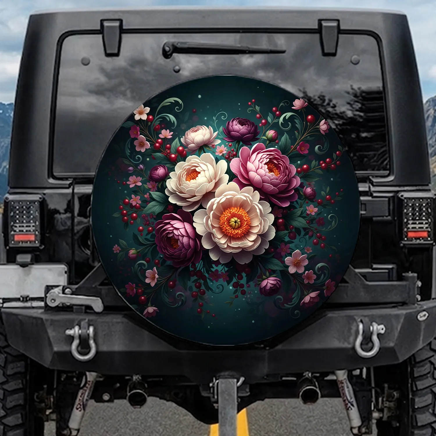 Large Blooming Peonies Roses Berries Blossoms Lush Foliage Dark Botanical - Home Decor Gift Spare Tire Cover - 1
