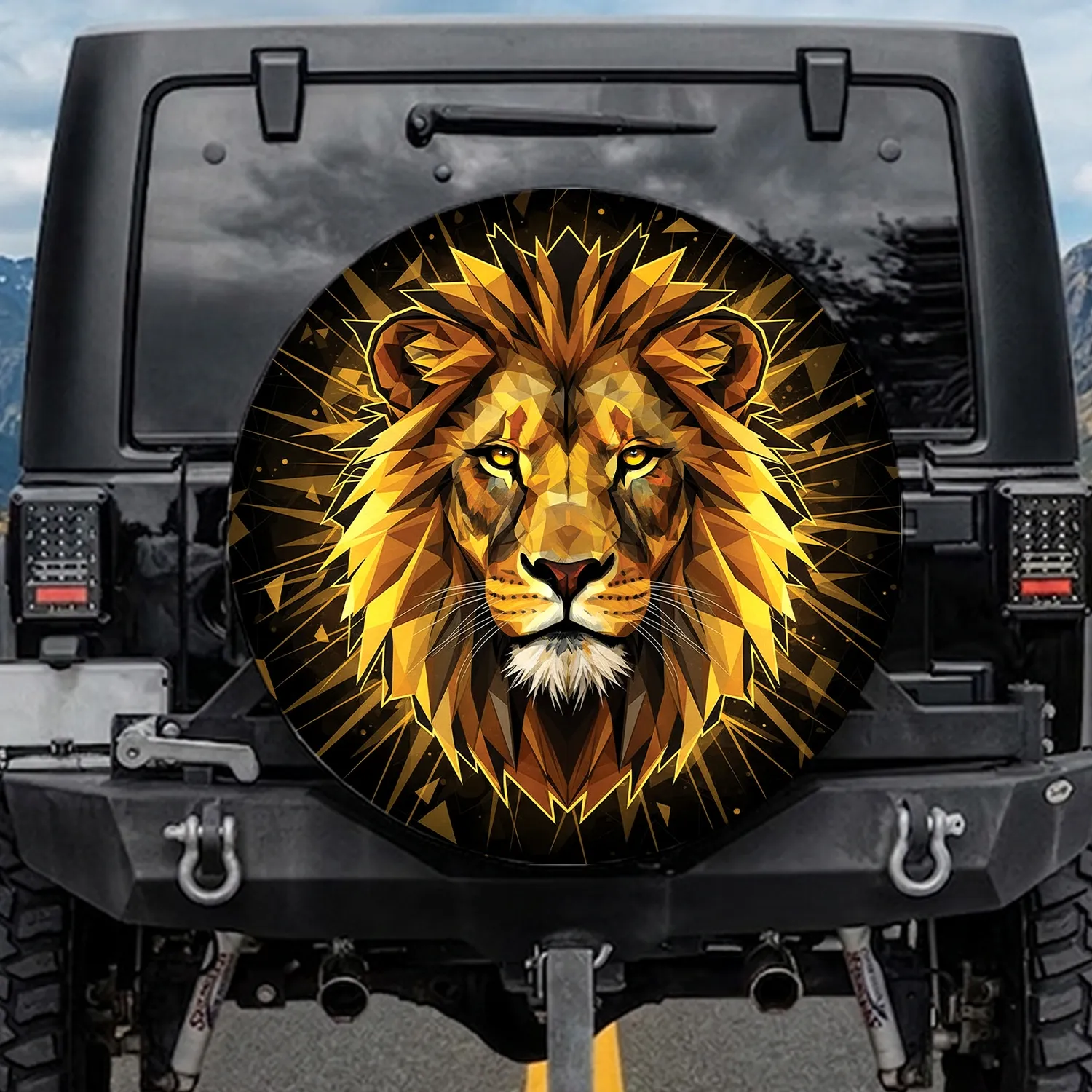 Powerful Regal Geometric Polygonal Lion Head Golden Eyes - Outdoor Decor Gift Spare Tire Cover - 1